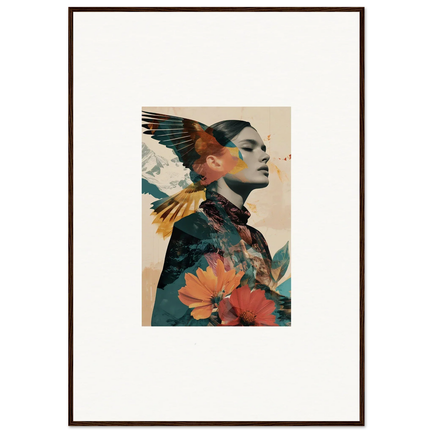 Artistic portrait of a woman with floral and avian elements for Auratic Tango room decor
