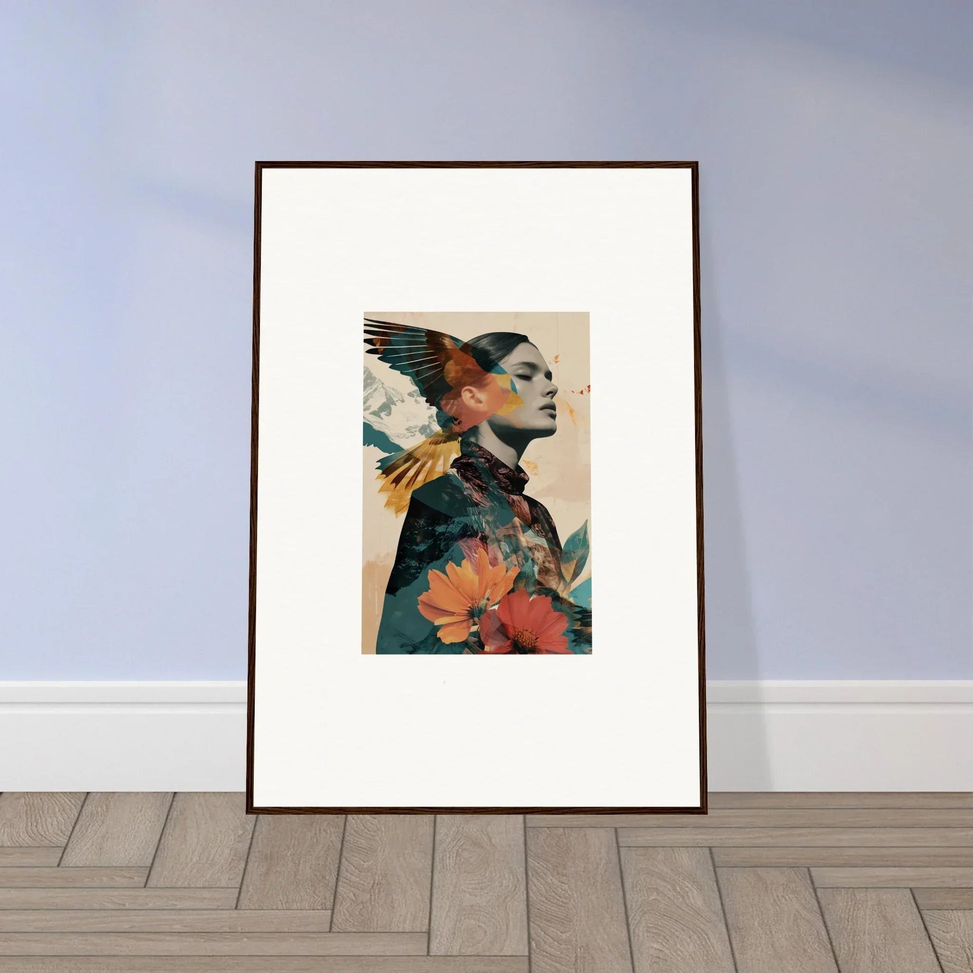 Framed wall art featuring a profile portrait with bird and floral elements in Auratic Tango