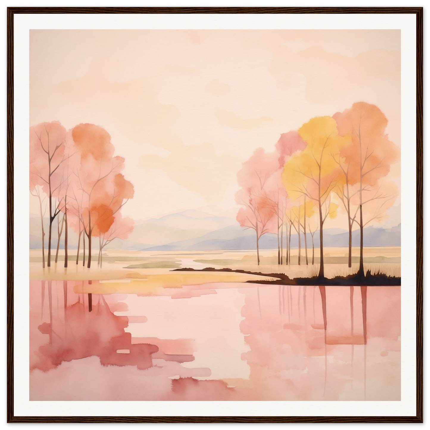 Peaceful watercolor landscape with autumn trees in a still lake for Reflective Dreamscape