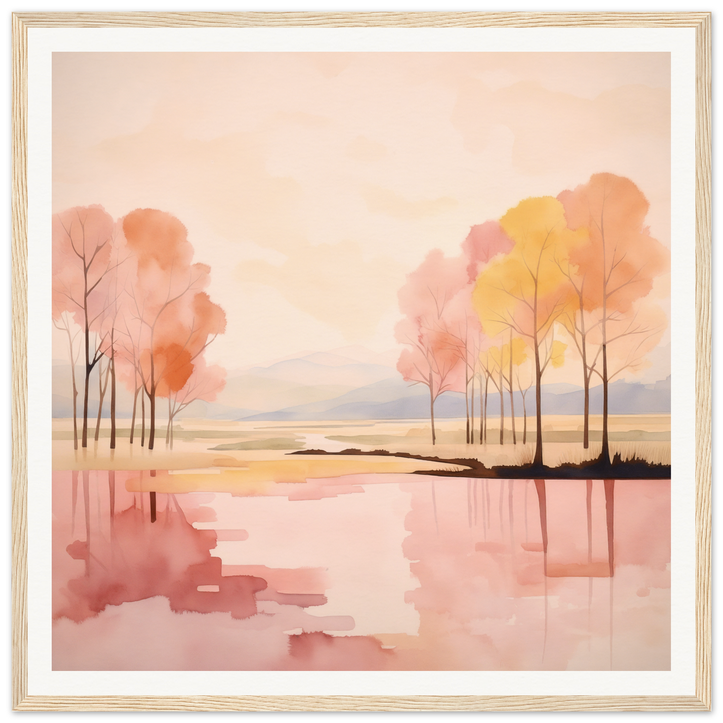 Watercolor painting of a peaceful lake with autumn trees for Reflective Dreamscape Meditations