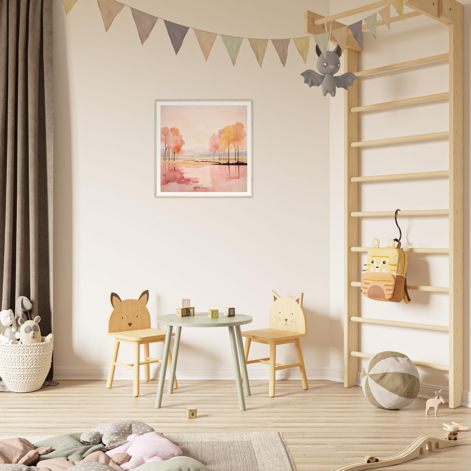Children’s play area featuring whimsical wooden animal chairs for Reflective Dreamscape Meditations
