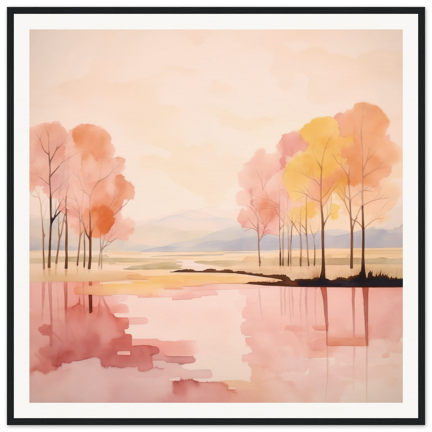 Watercolor painting of autumn trees reflected in a lake for Reflective Dreamscape Meditations
