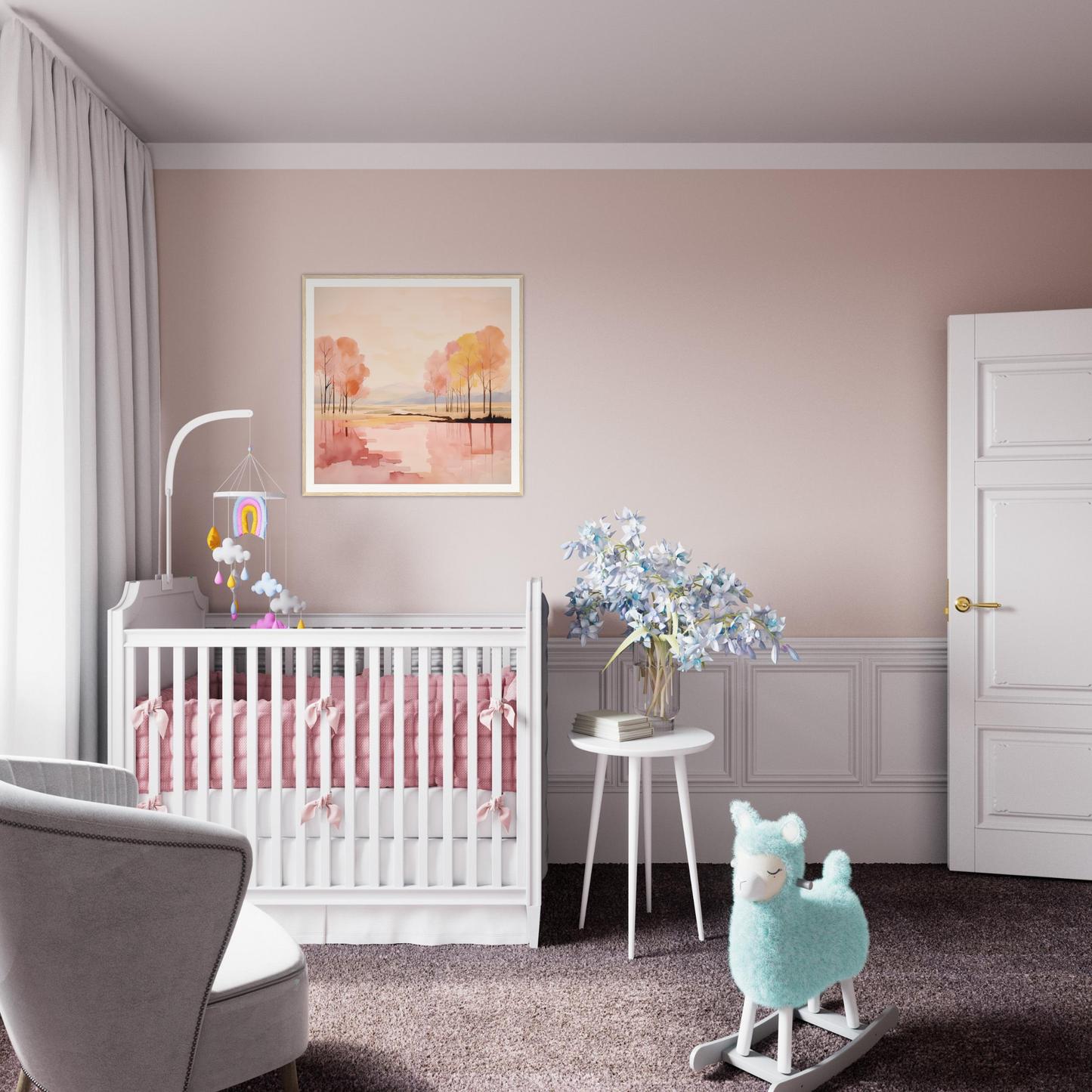 White wooden crib with pink bedding for Reflective Dreamscape Meditations