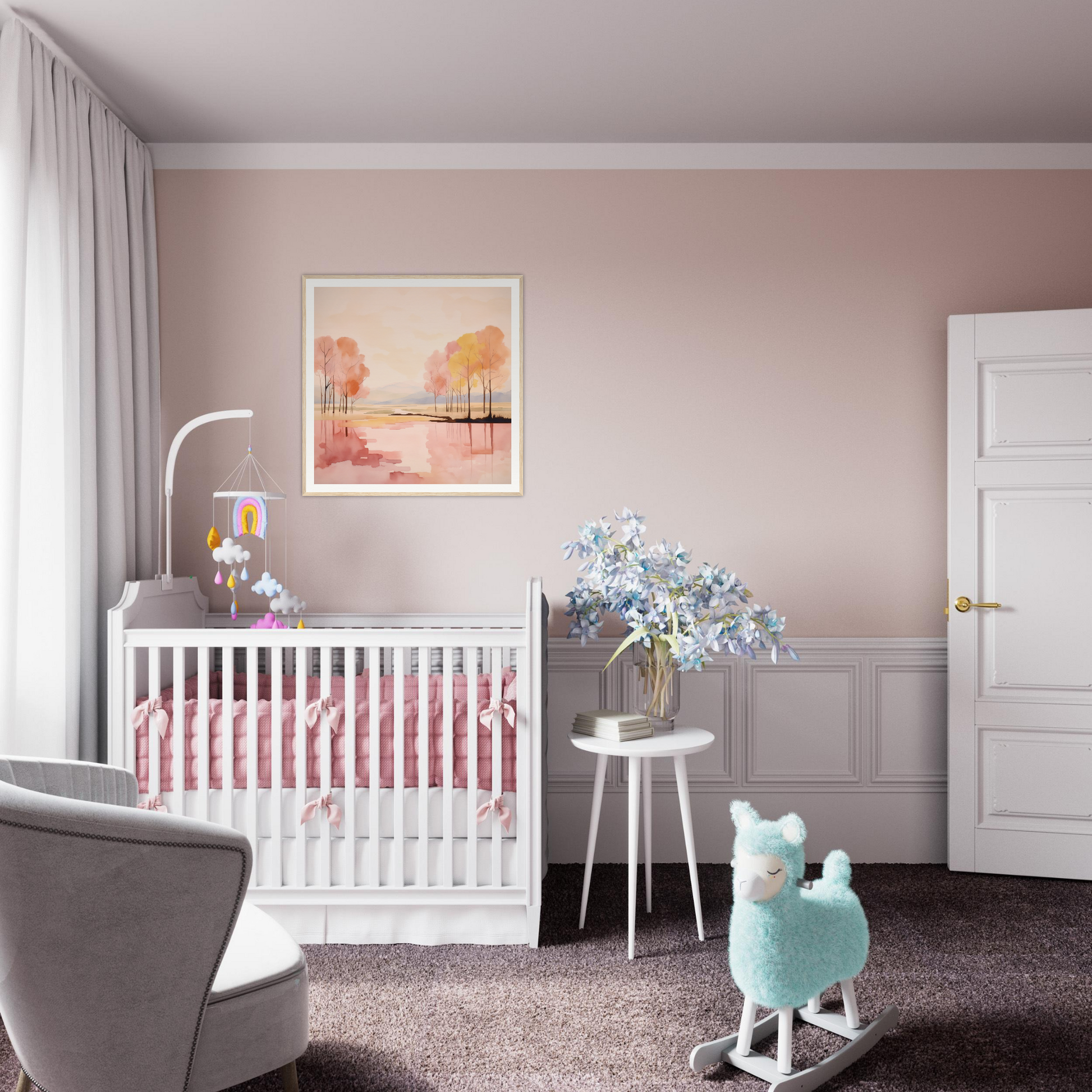 White wooden crib with pink bedding for Reflective Dreamscape Meditations