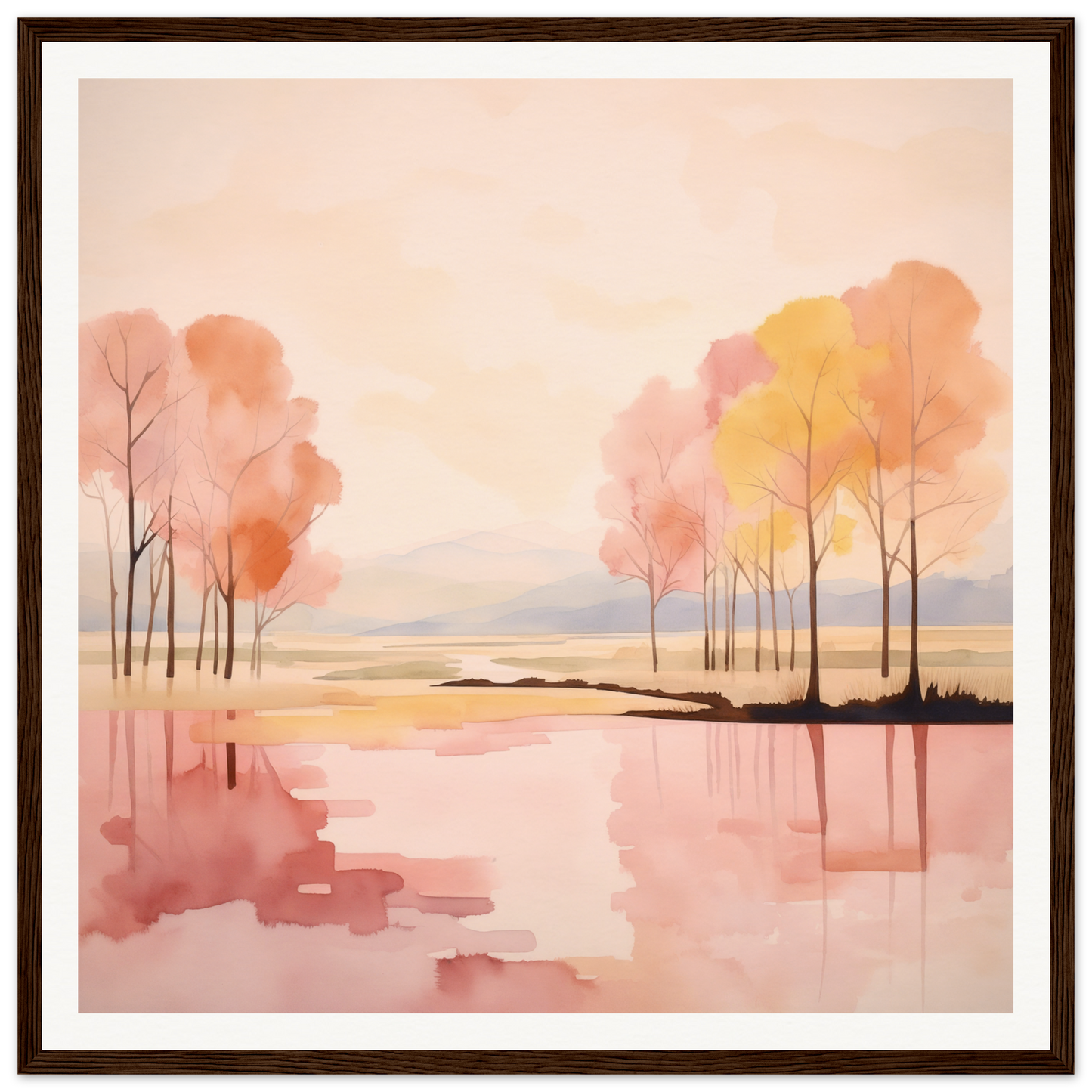 Watercolor landscape of autumn trees reflecting in a lake for Reflective Dreamscape Meditations