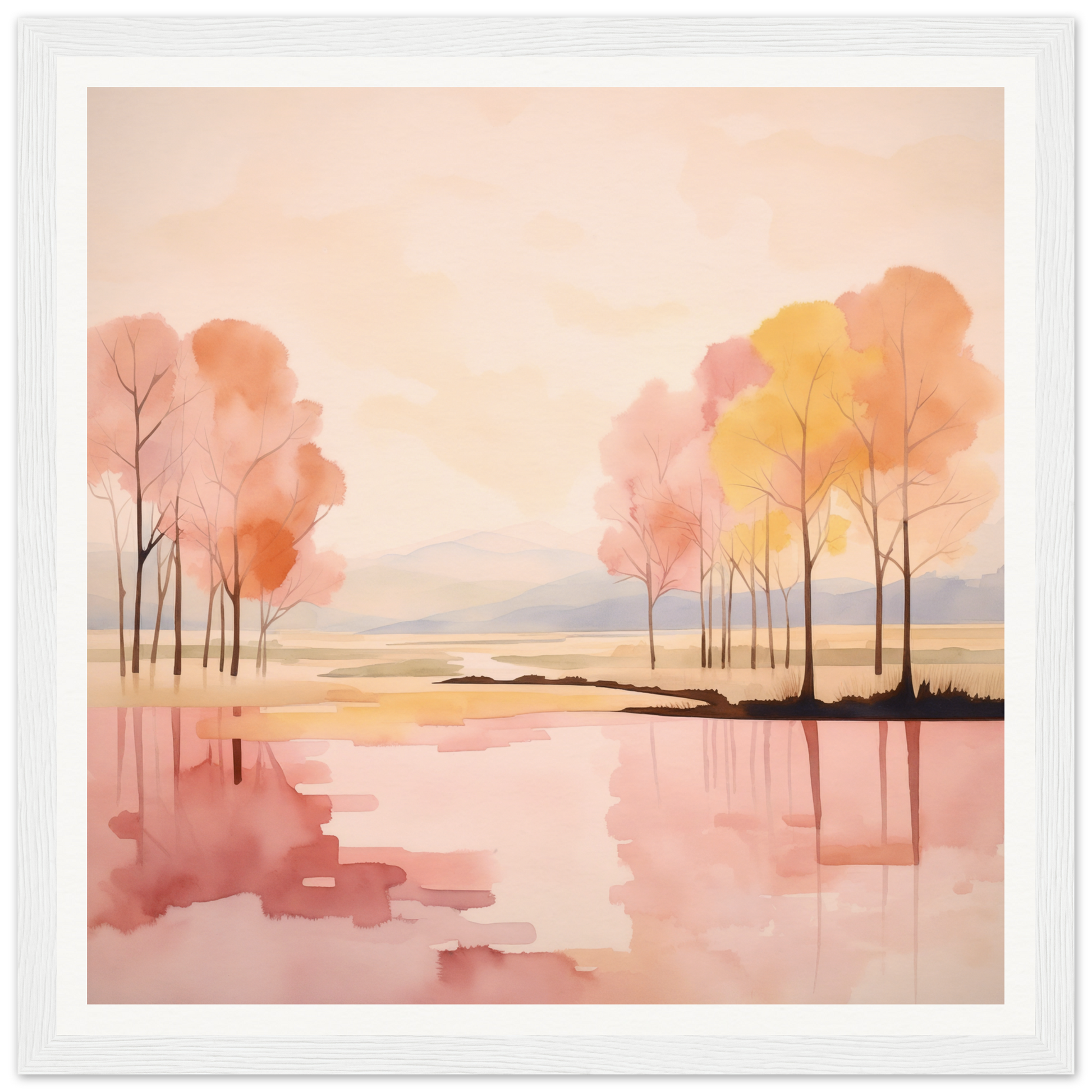 Watercolor painting of autumn trees reflected in a tranquil lake for Reflective Dreamscape Meditations