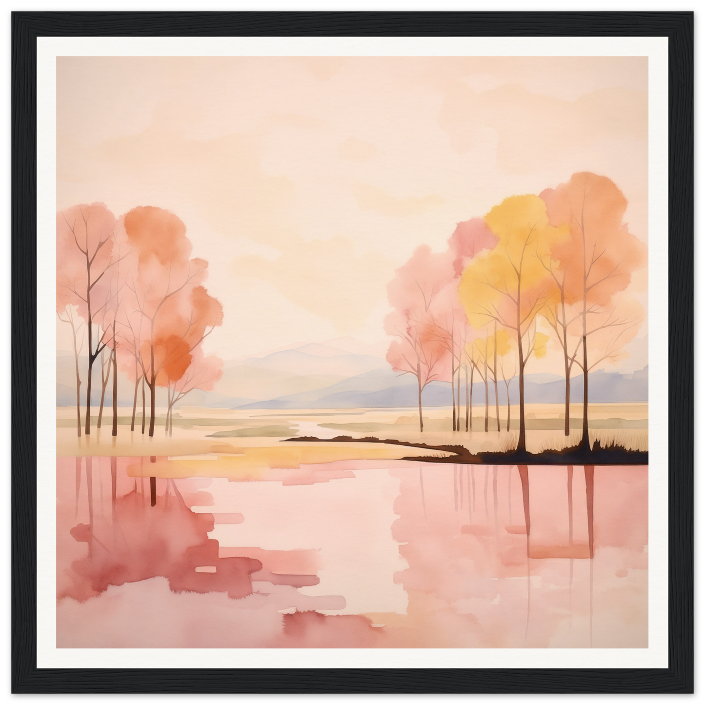 Watercolor painting of autumn trees reflecting in a lake for Reflective Dreamscape Meditations