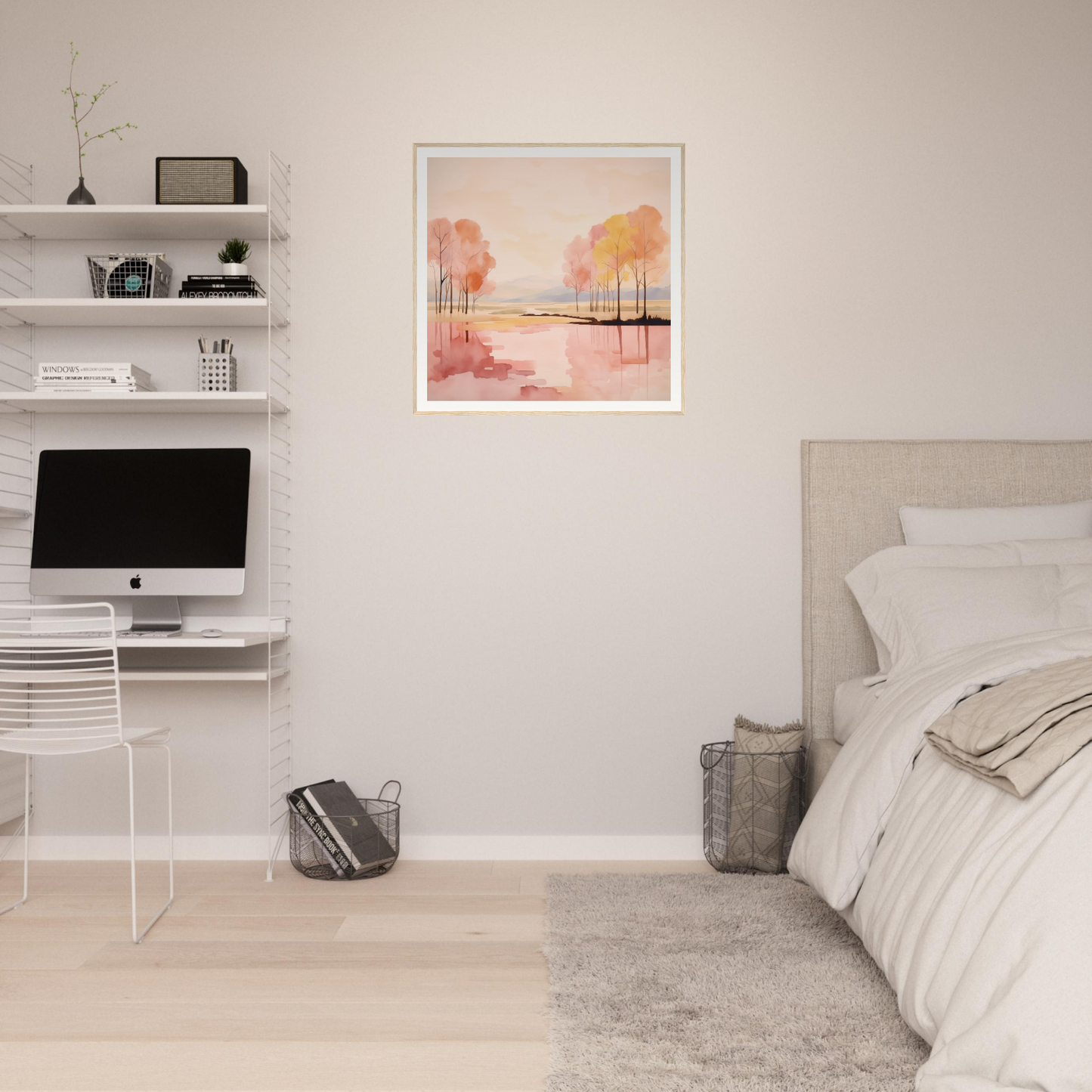 Minimalist bedroom featuring an iMac workstation and pink artwork for Reflective Dreamscape Meditations