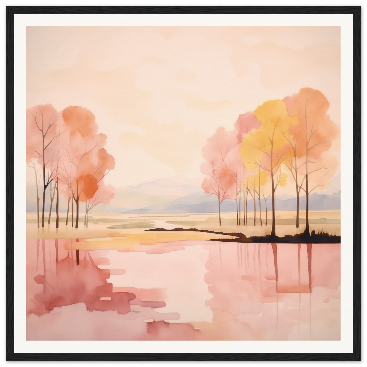 Watercolor painting of autumn trees in a tranquil lake for Reflective Dreamscape Meditations