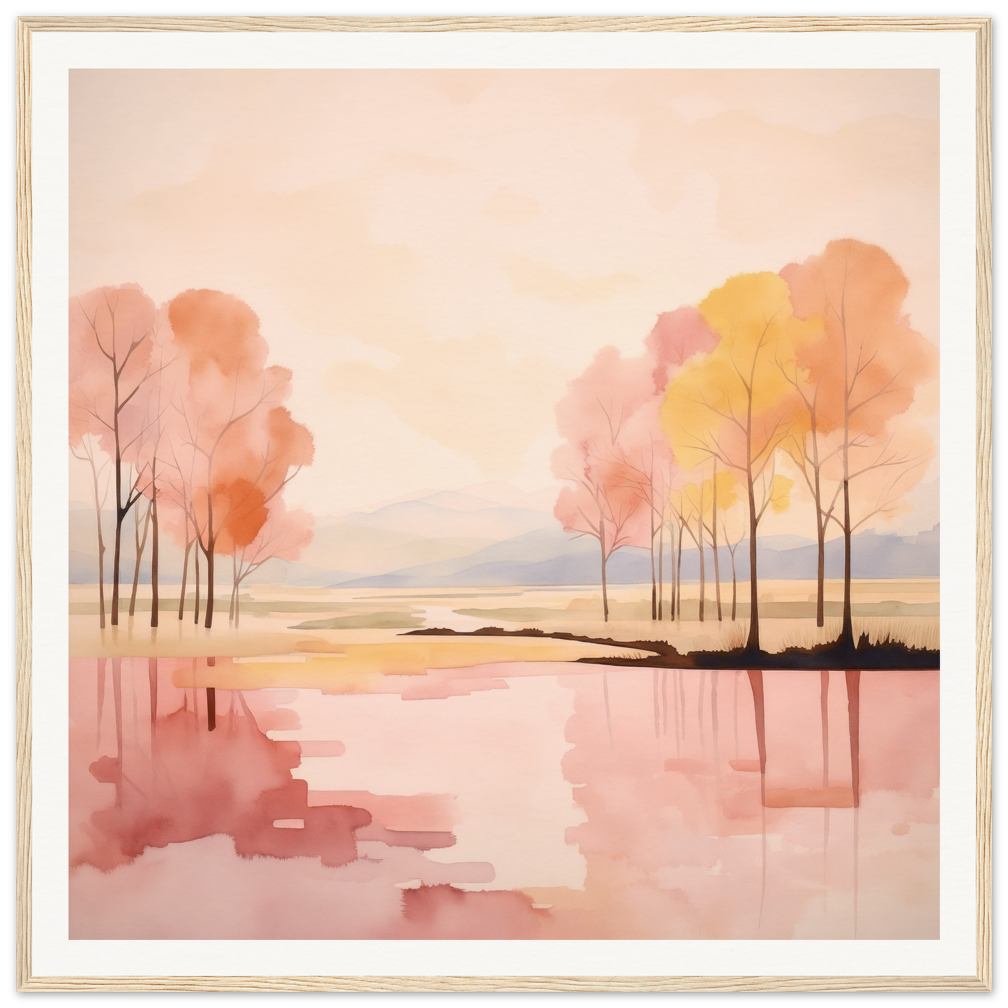 Peaceful watercolor landscape with autumn trees in a lake for Reflective Dreamscape Meditations