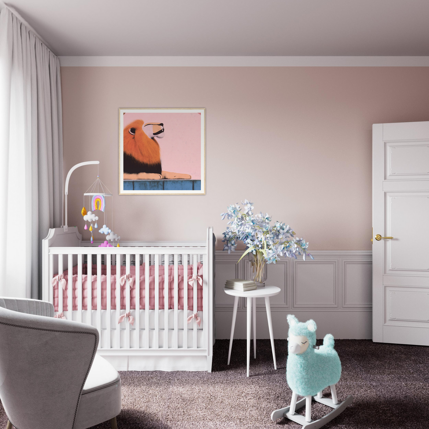 White wooden crib with pink bedding from the Regal Tranquil Spectacles collection