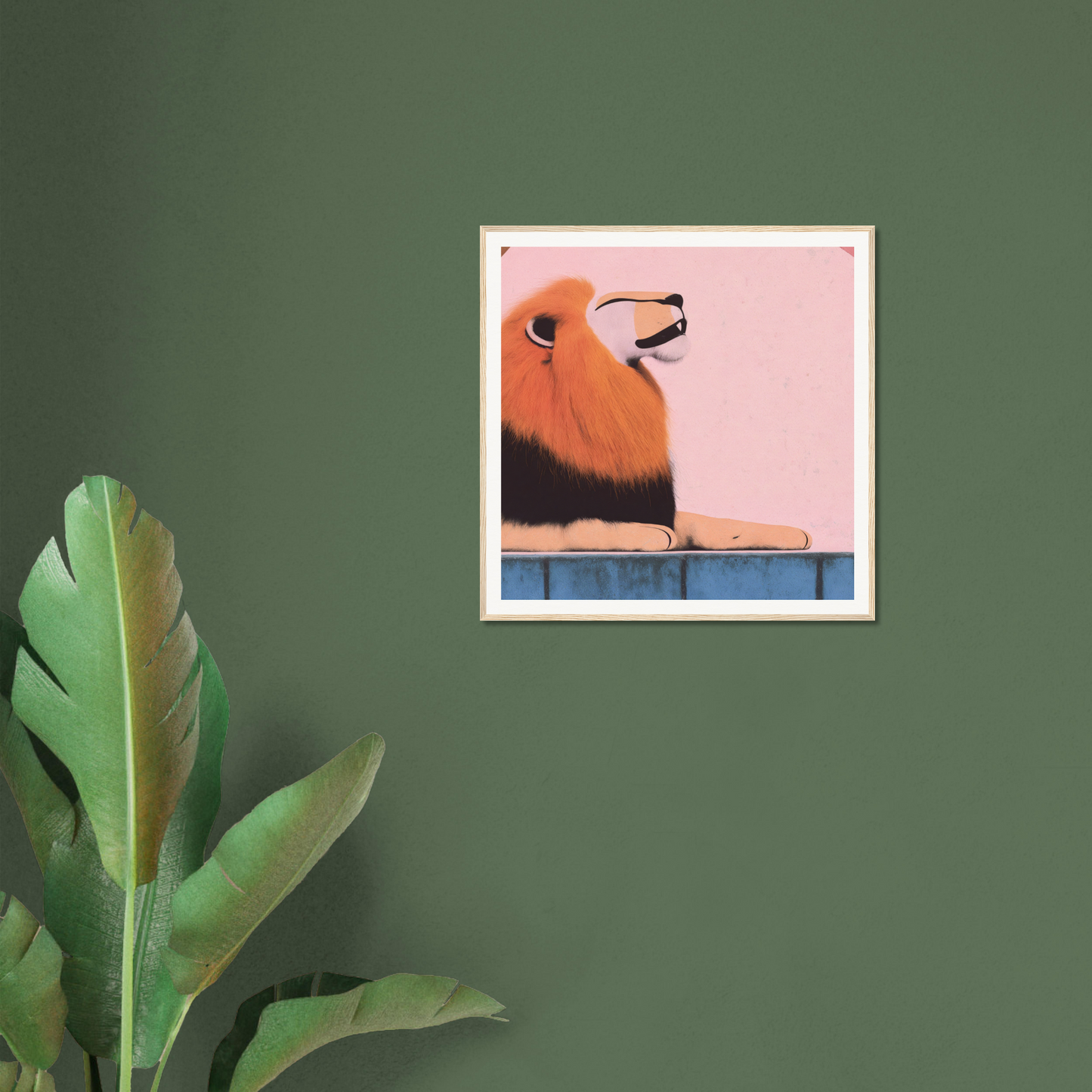 Framed artwork of an orange bird on blue ledge in Regal Tranquil Spectacles design