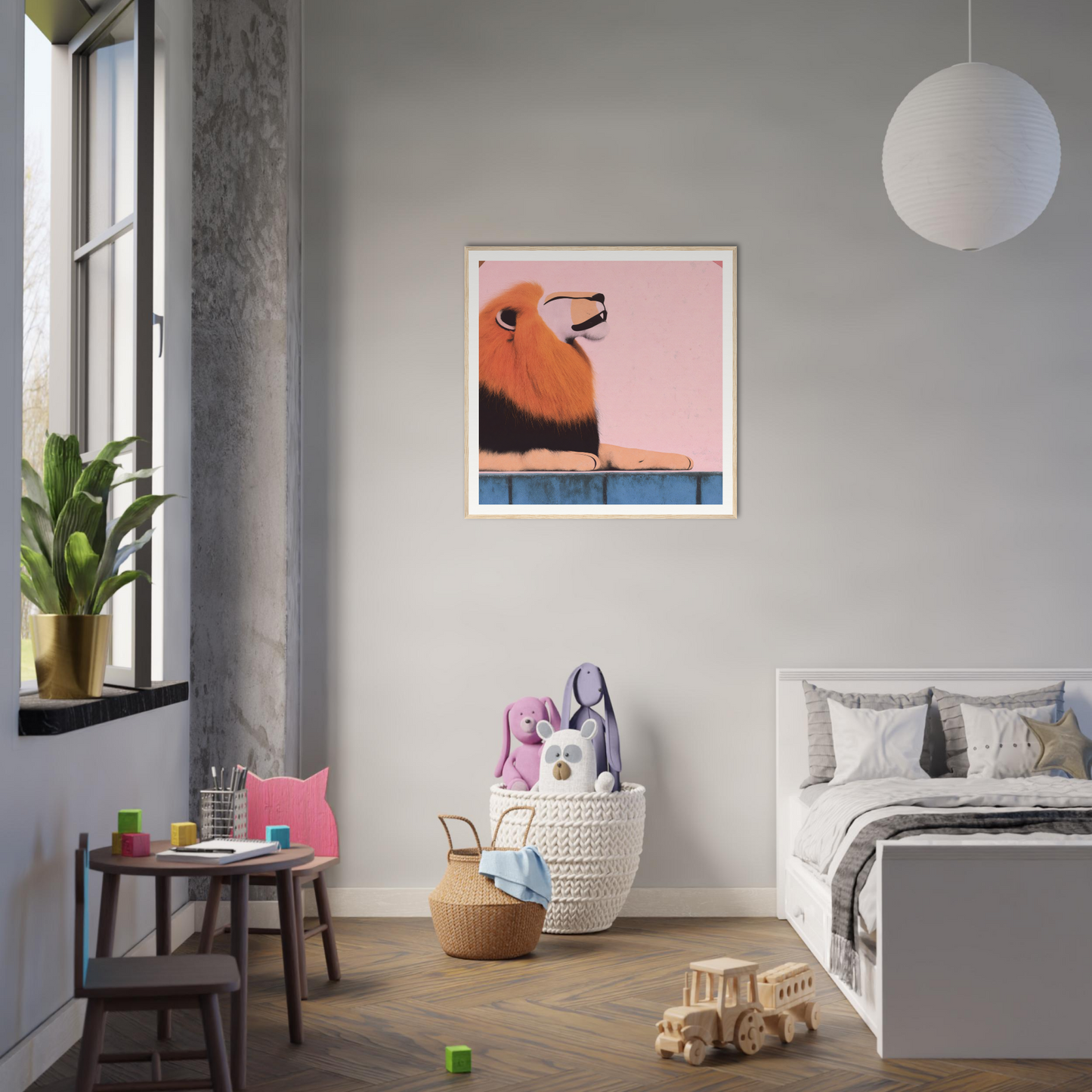 Modern bedroom featuring minimalist decor and pink bird artwork for Regal Tranquil Spectacles