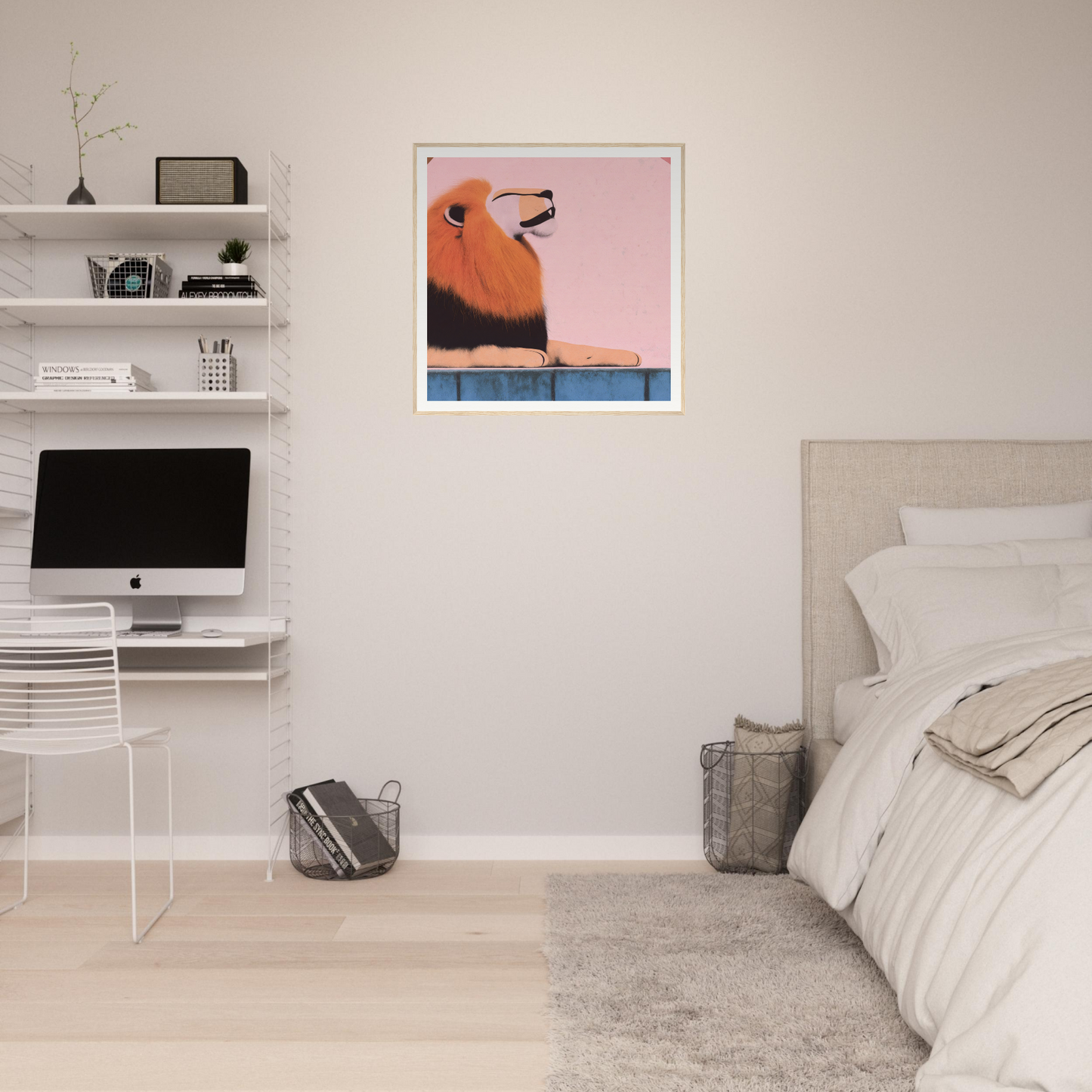 Minimalist bedroom showcasing Regal Tranquil Spectacles with a stylish iMac workstation