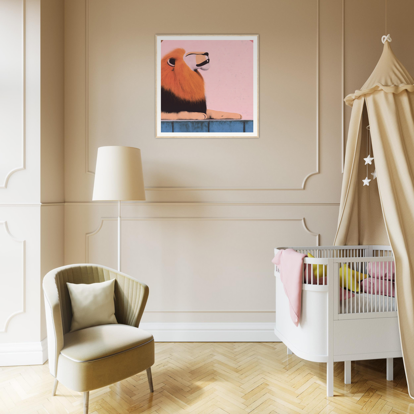 Modern nursery featuring Regal Tranquil Spectacles, white crib, and parrot artwork