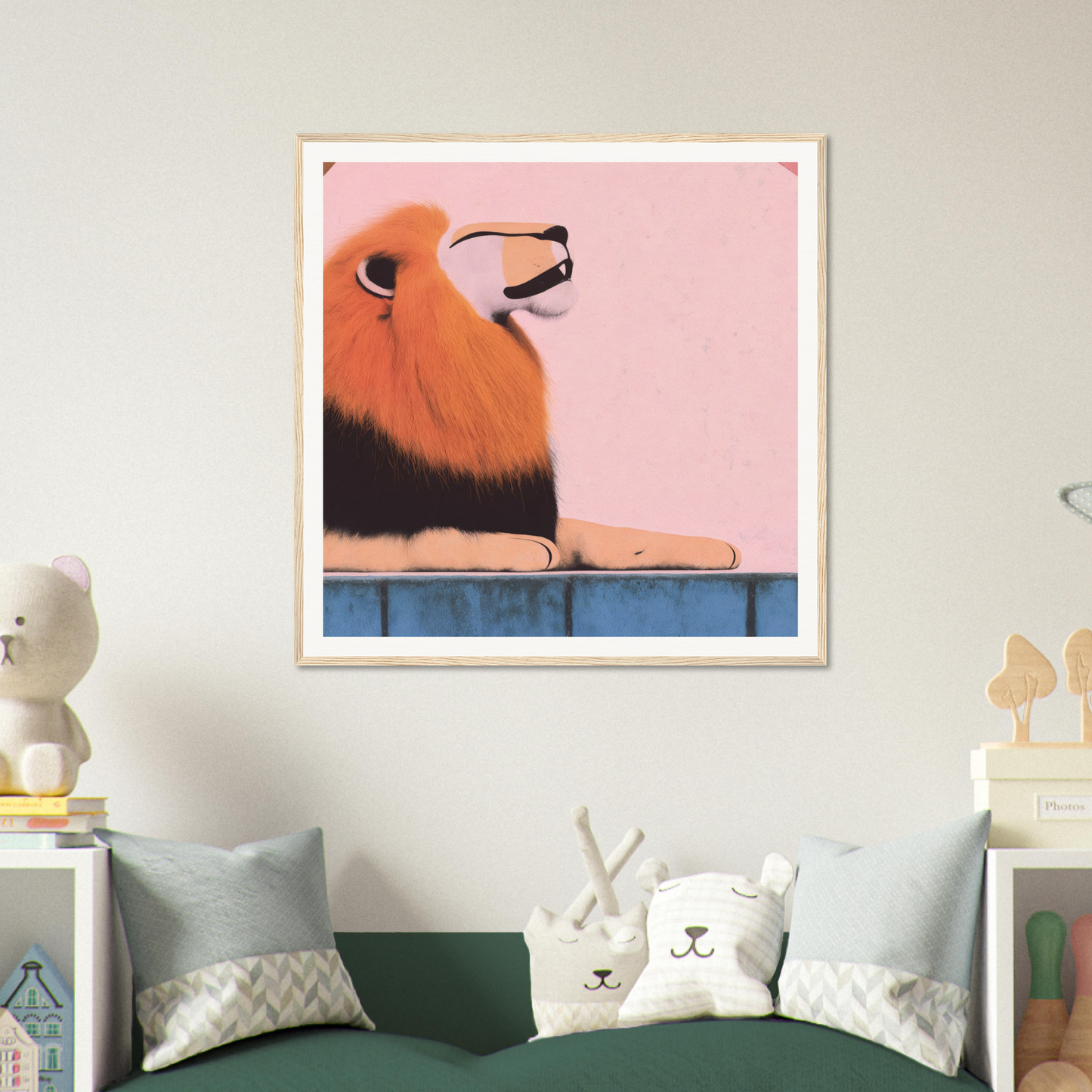 Framed artwork of a resting lion with orange fur in Regal Tranquil Spectacles