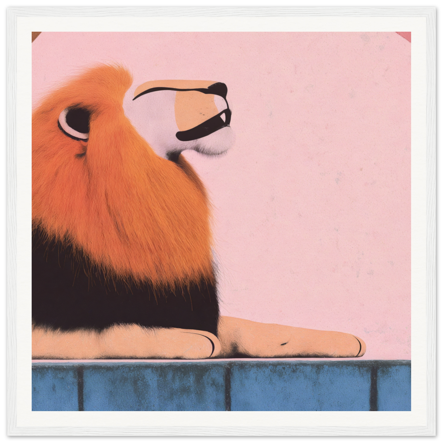Lion with orange mane resting on paws, featured in Regal Tranquil Spectacles art™