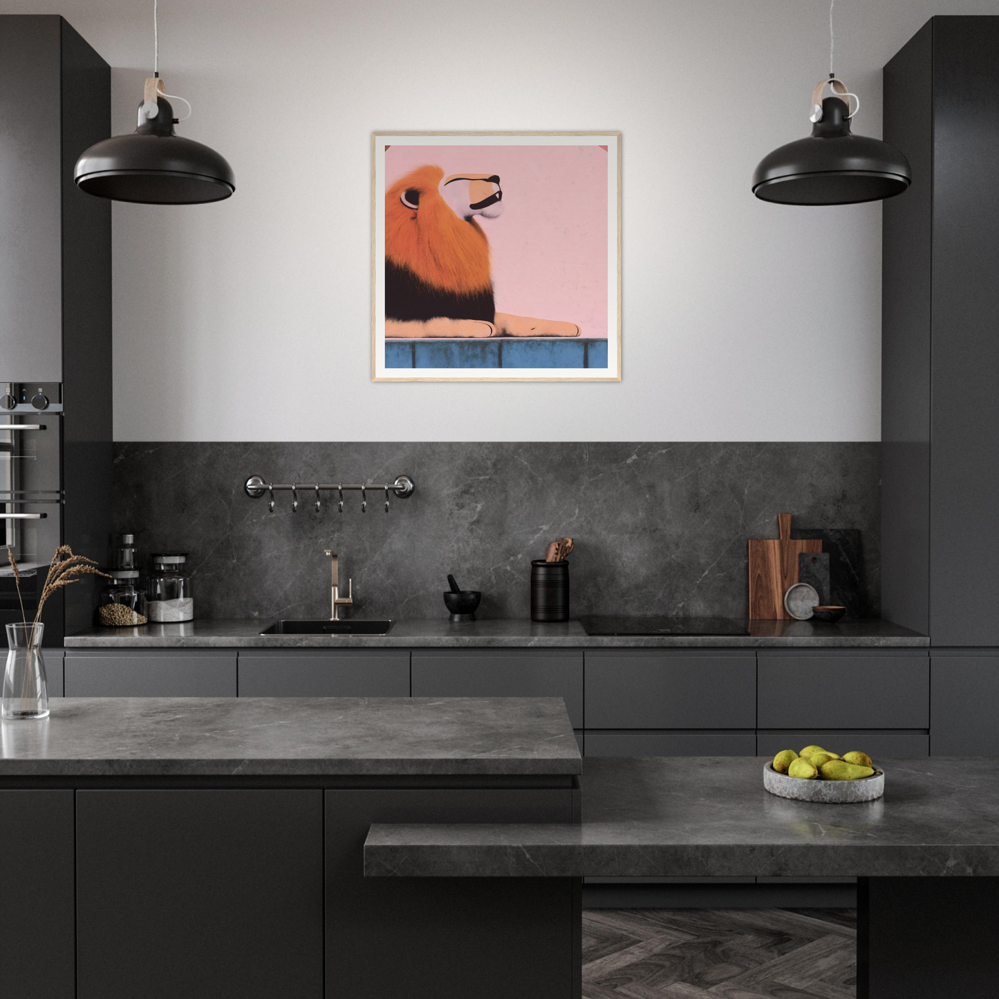 Modern dark gray kitchen with industrial lights featuring Regal Tranquil Spectacles art