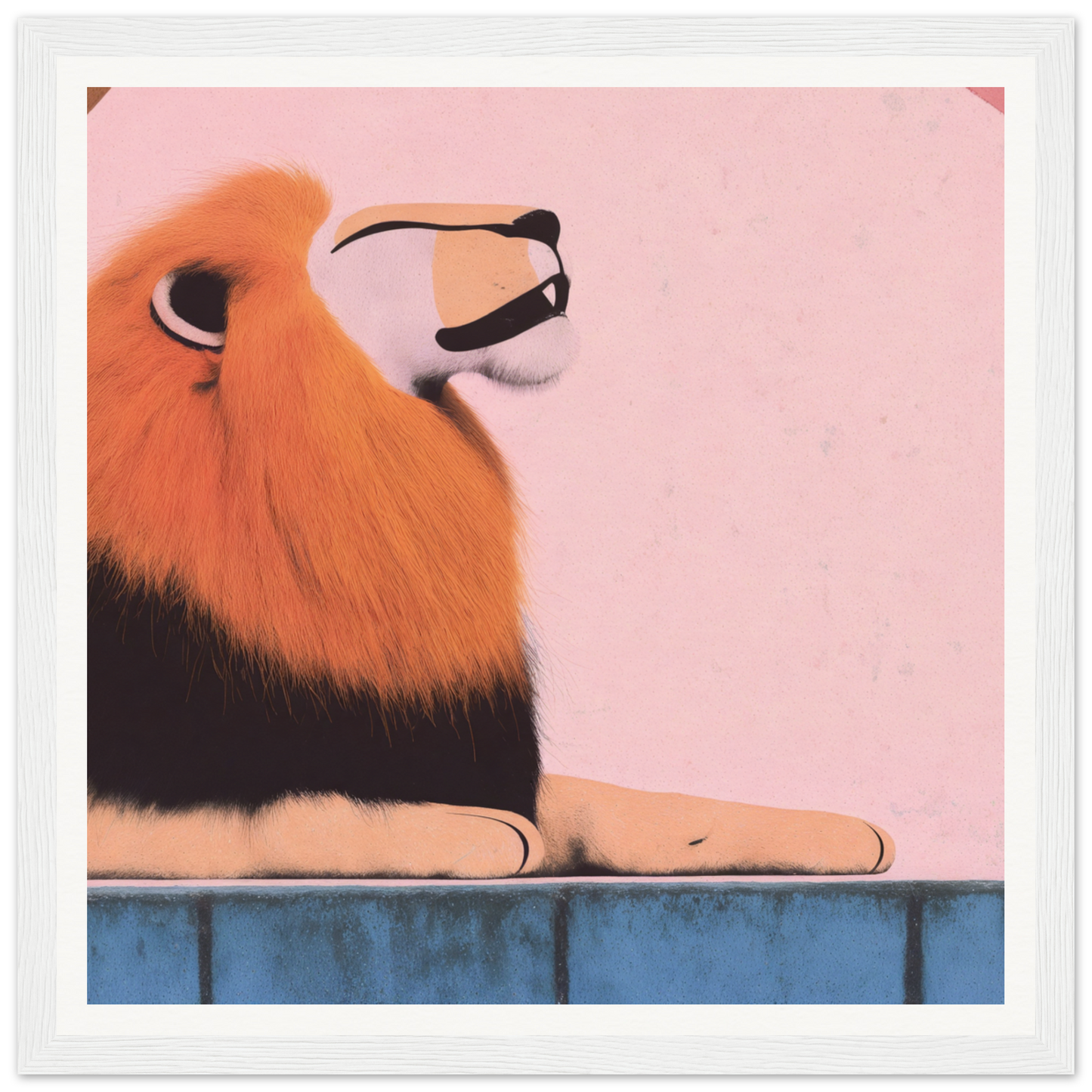 Resting lion with orange-red fur and black markings in Regal Tranquil Spectacles artwork