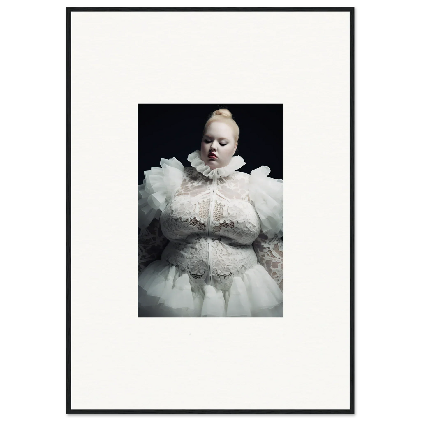 Pale figure in an elaborate white ruffled costume against a dark background.