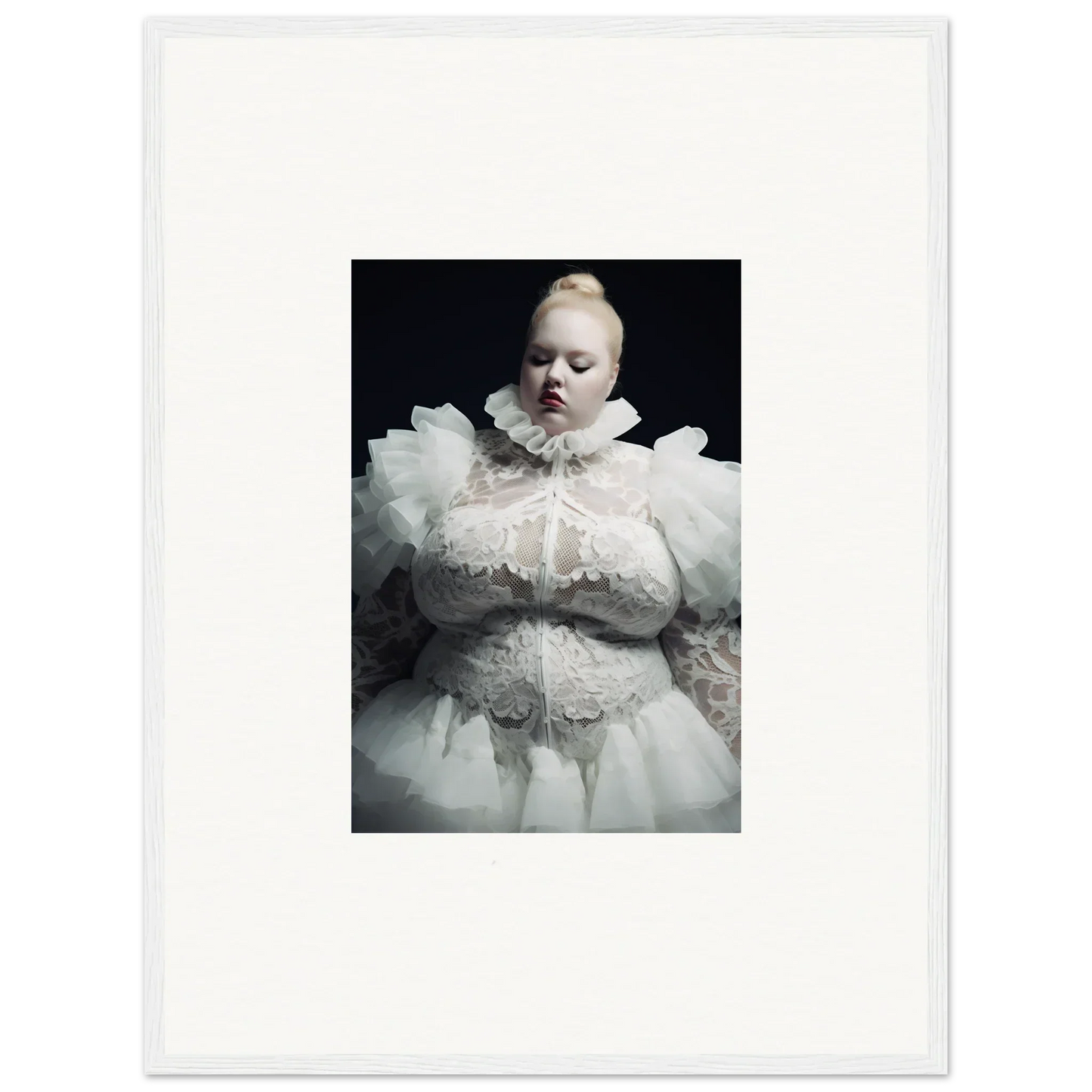 Pale figure in an elaborate white ruffled costume against a dark background.