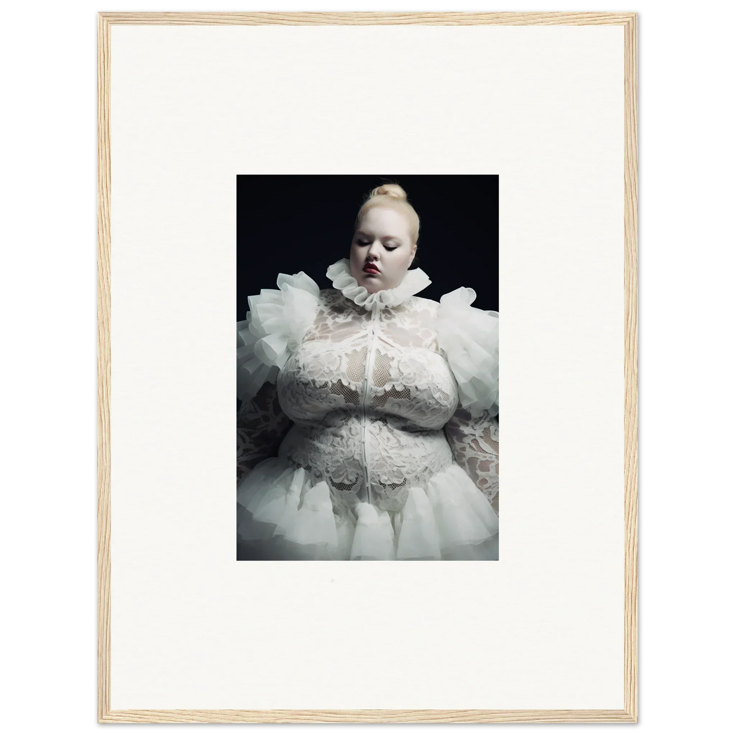 Pale figure in an elaborate white ruffled costume against a dark background.