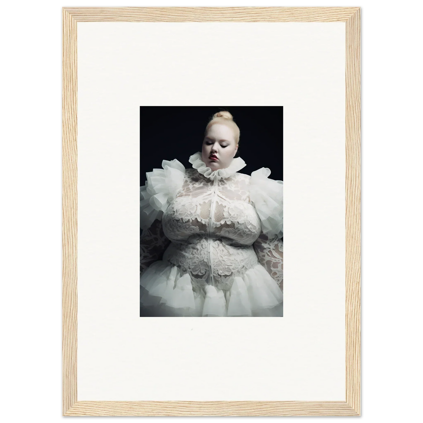 Portrait of a figure in an elaborate white ruffled costume against a dark background.