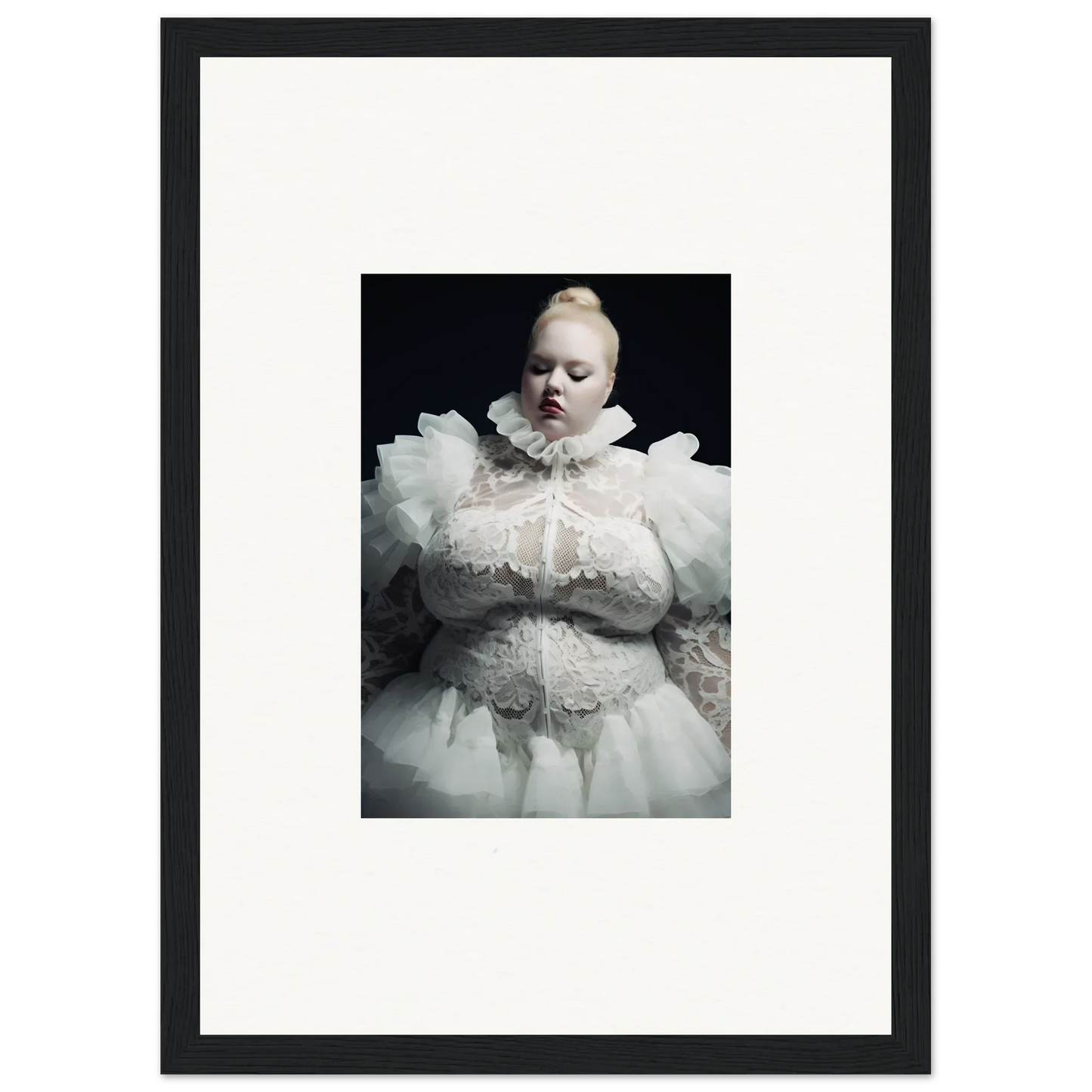 Framed portrait of a pale figure wearing an elaborate white ruffled costume against a dark background.