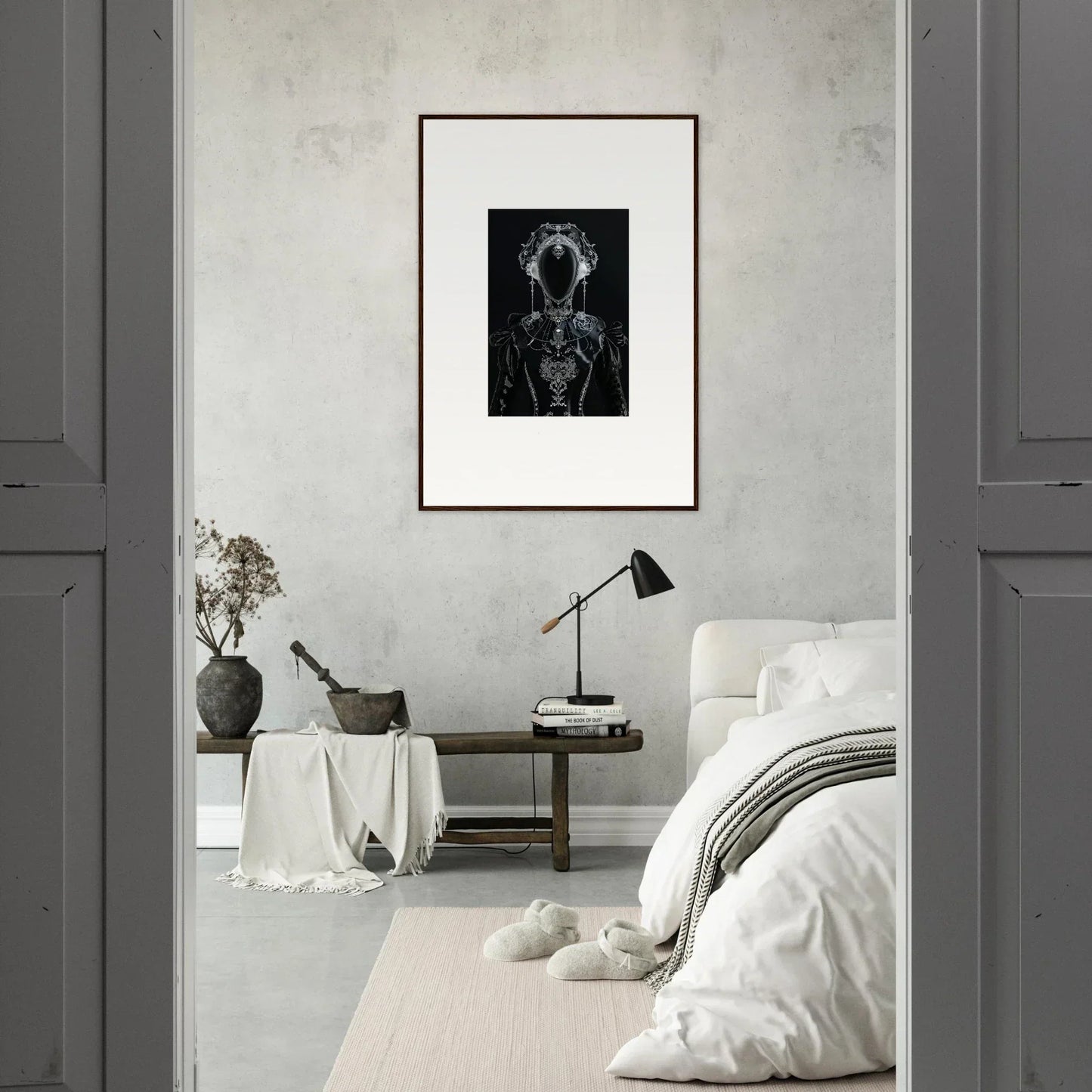 Framed black and white canvas print of a skeletal figure with photon glitters halo