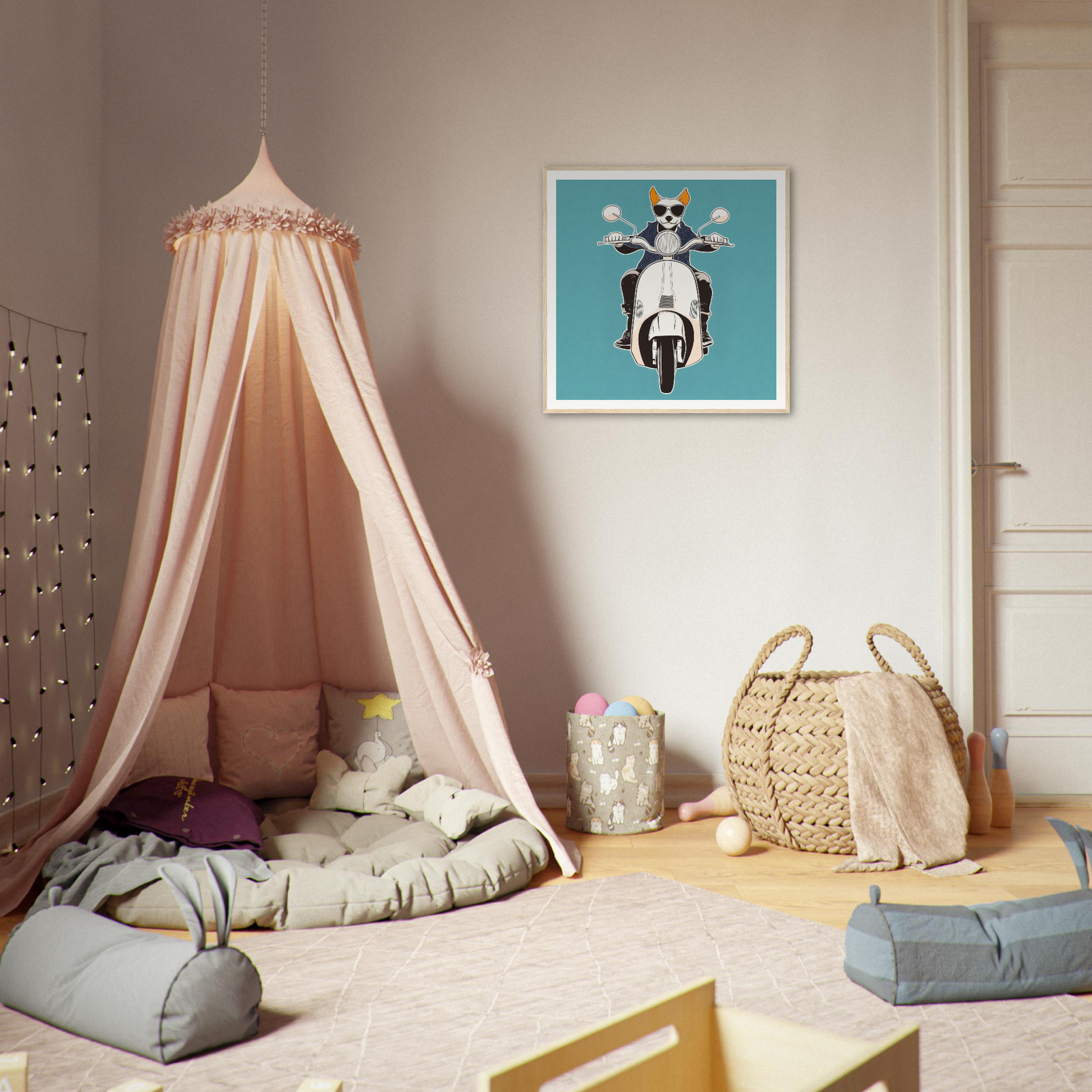 Blush pink canopy tent for Scooter Canine Voyage with draped fabric and circular frame