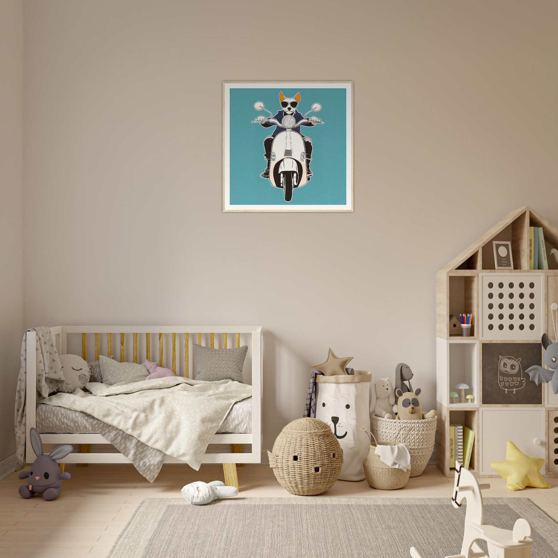Cozy nursery with neutral colors and minimalist decor in Scooter Canine Voyage style