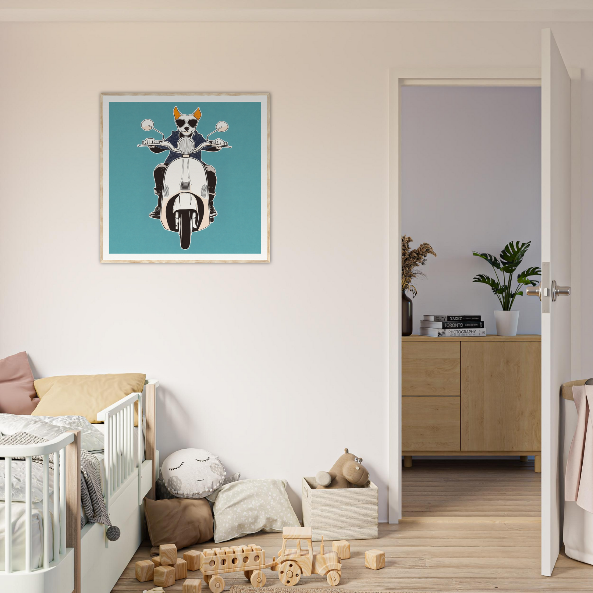 Framed turquoise art print of a panda on a scooter for Scooter Canine Voyage