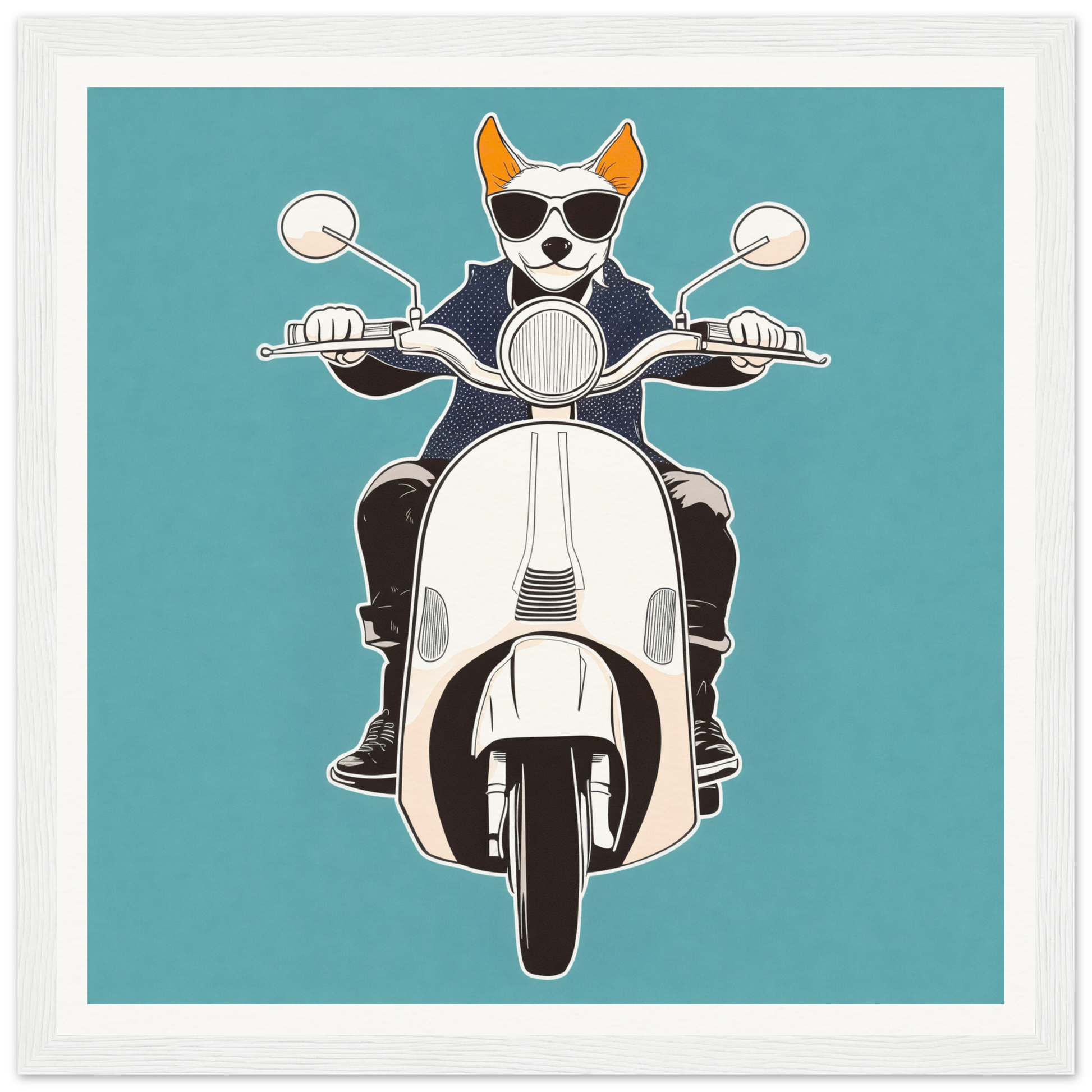Cool cat in sunglasses riding a white scooter for Scooter Canine Voyage