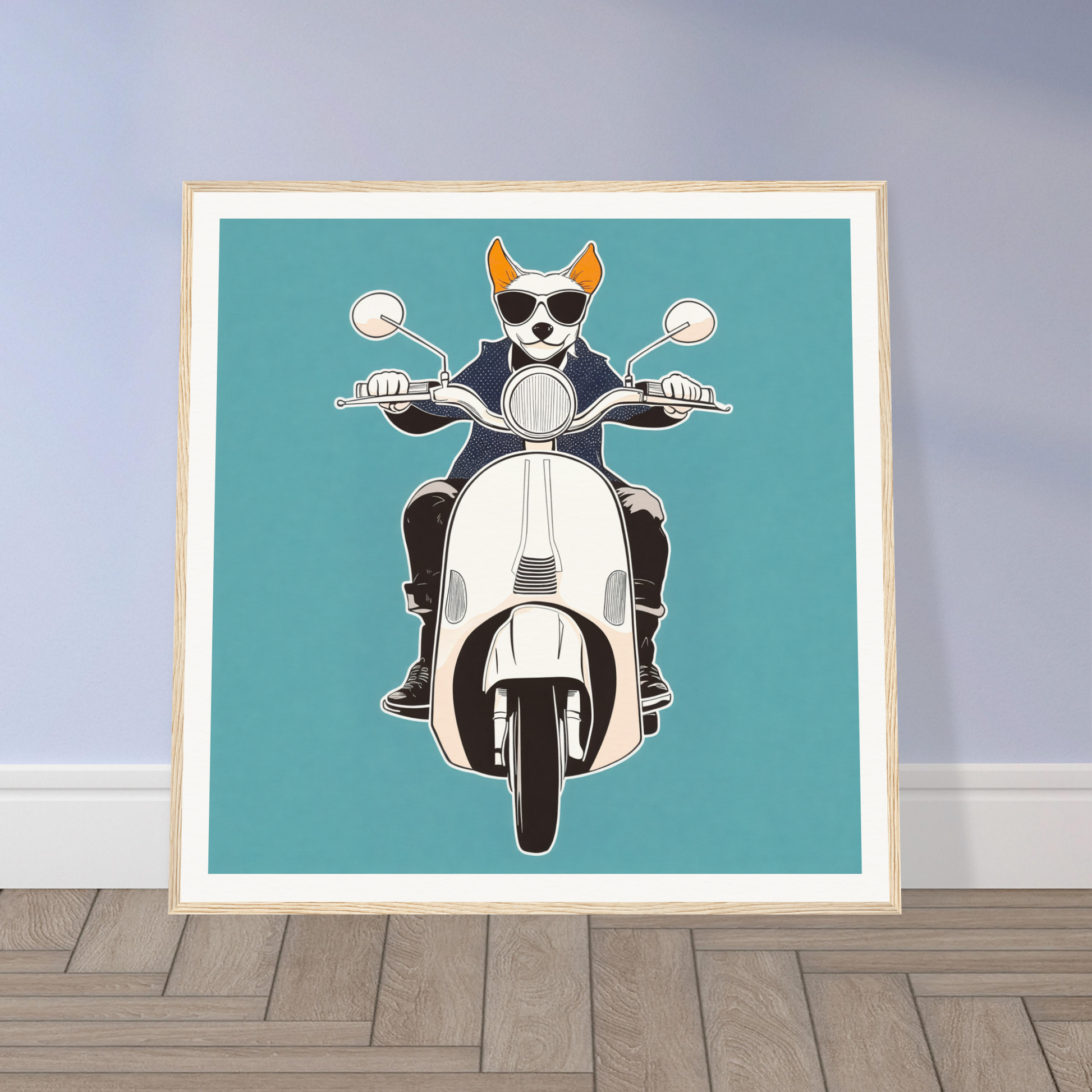 Cool cartoon cat in sunglasses riding a scooter for Scooter Canine Voyage