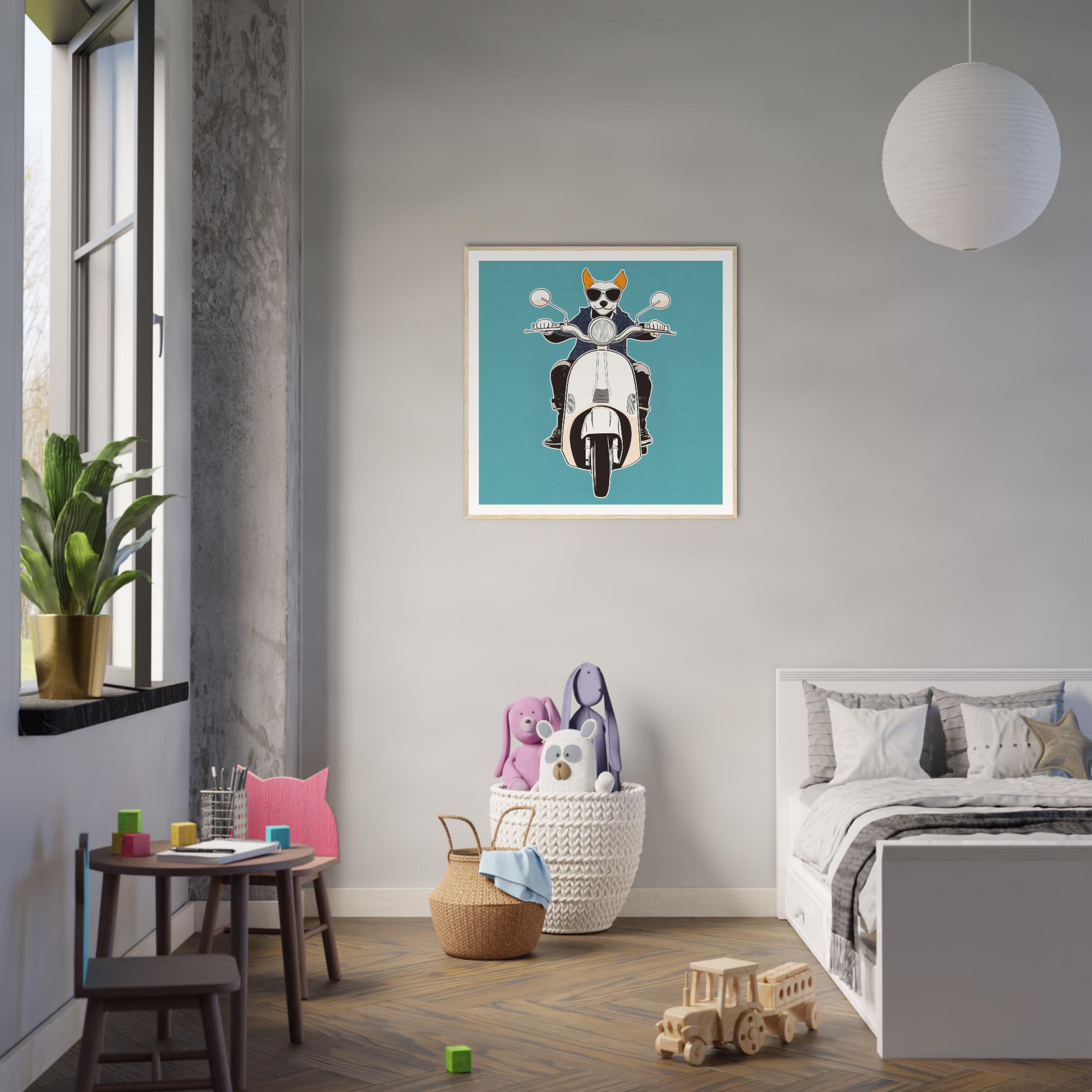 Framed turquoise art print of a cat on a scooter for Scooter Canine Voyage