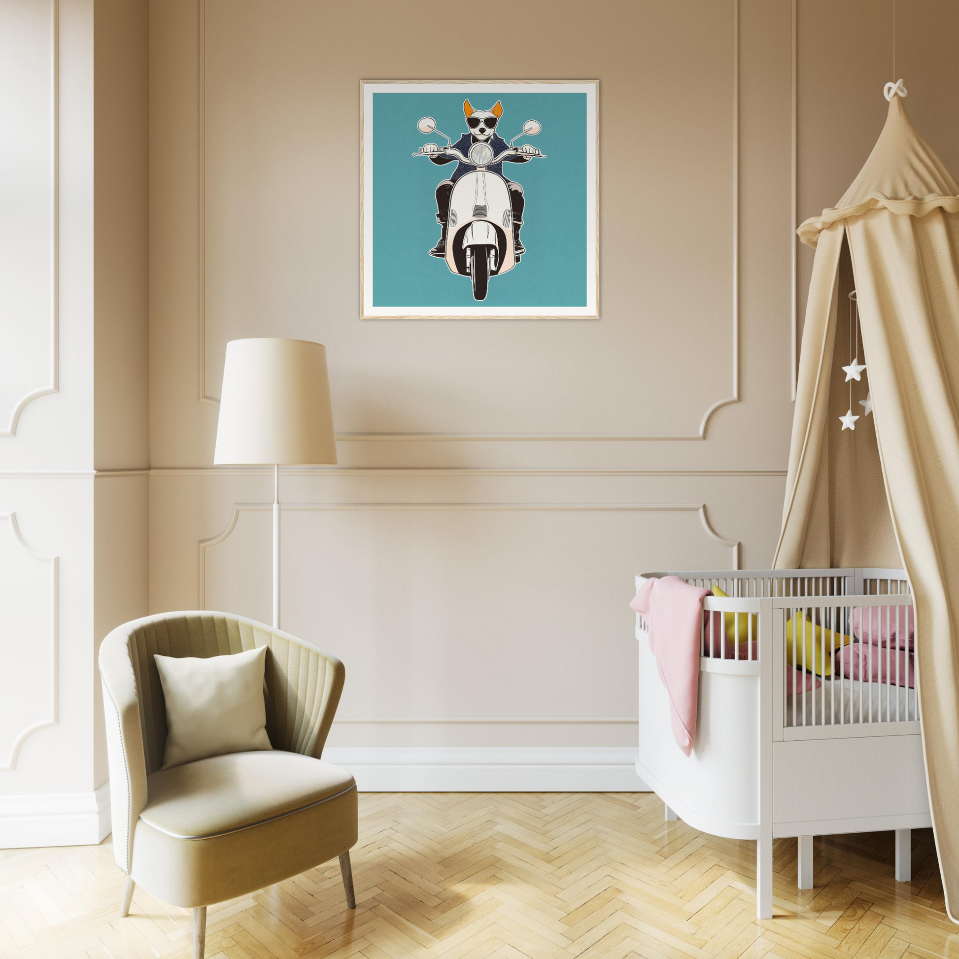 Modern nursery featuring Scooter Canine Voyage art print with a whimsical cat on scooter