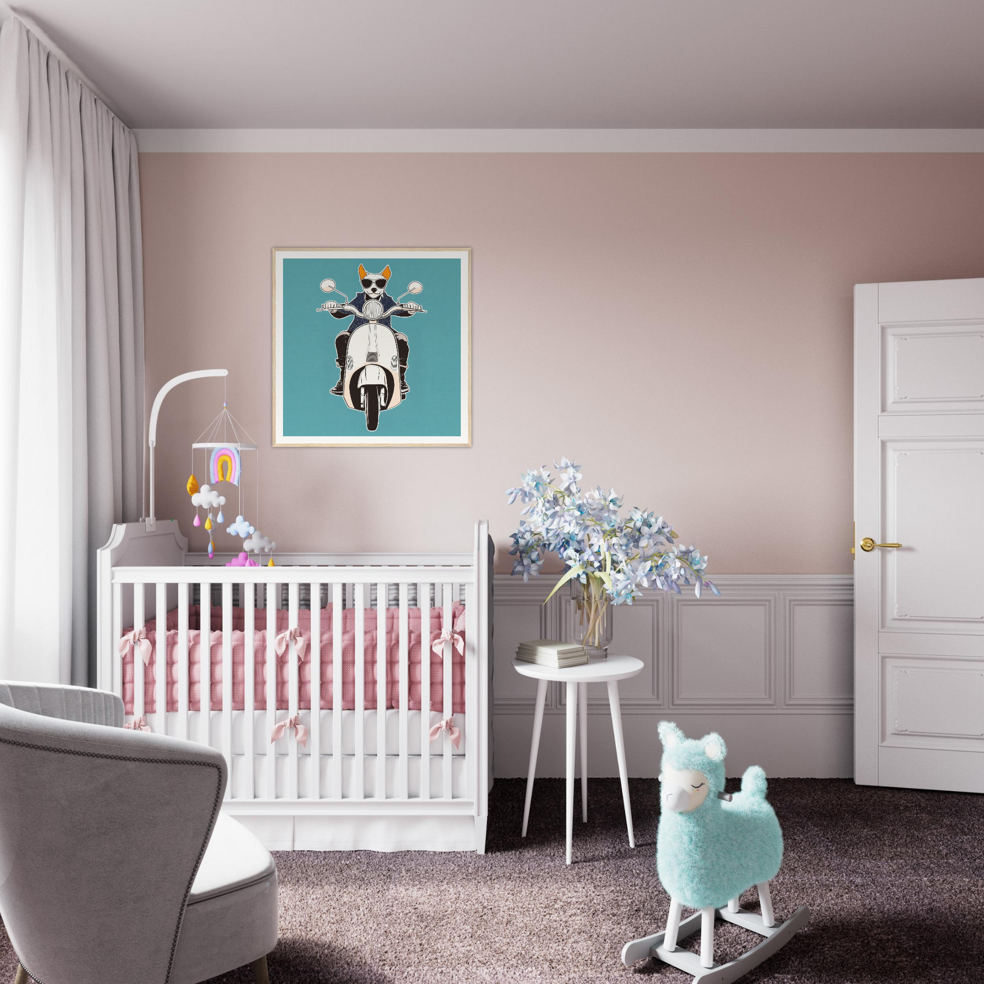 White wooden crib with pink bedding in Scooter Canine Voyage collection