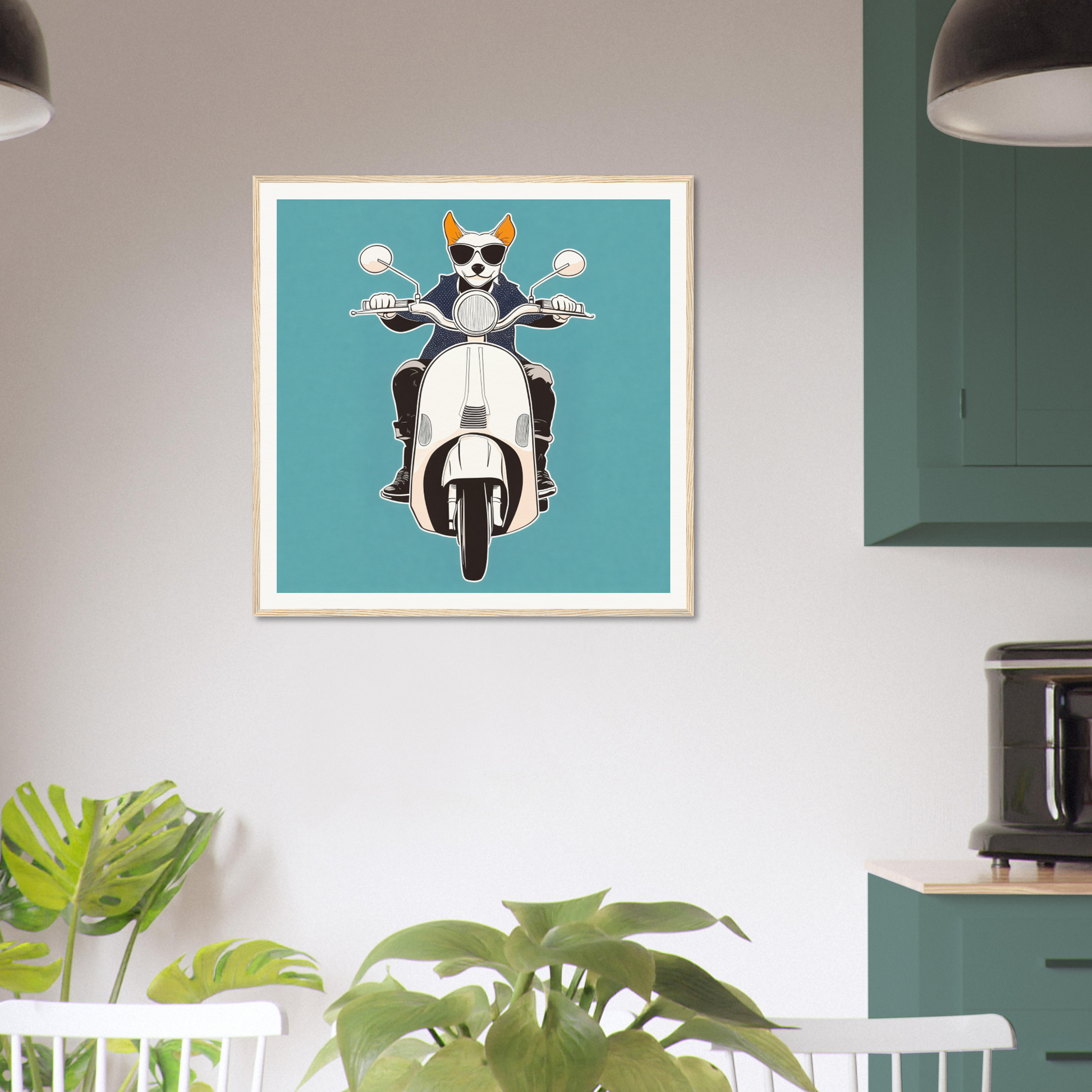 Framed art print of a panda in sunglasses on a scooter for Scooter Canine Voyage