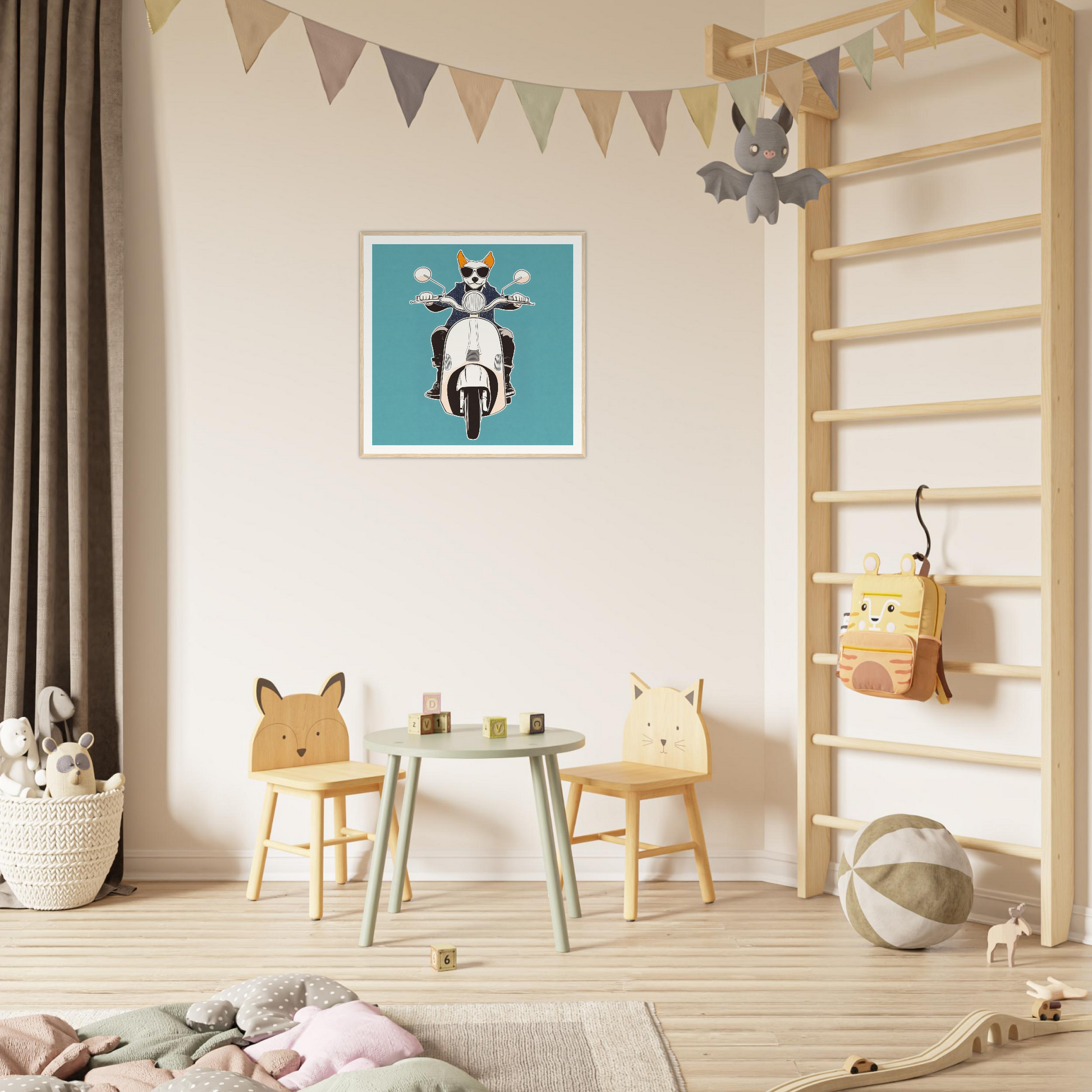 Children’s play area with animal-themed chairs and table for Scooter Canine Voyage