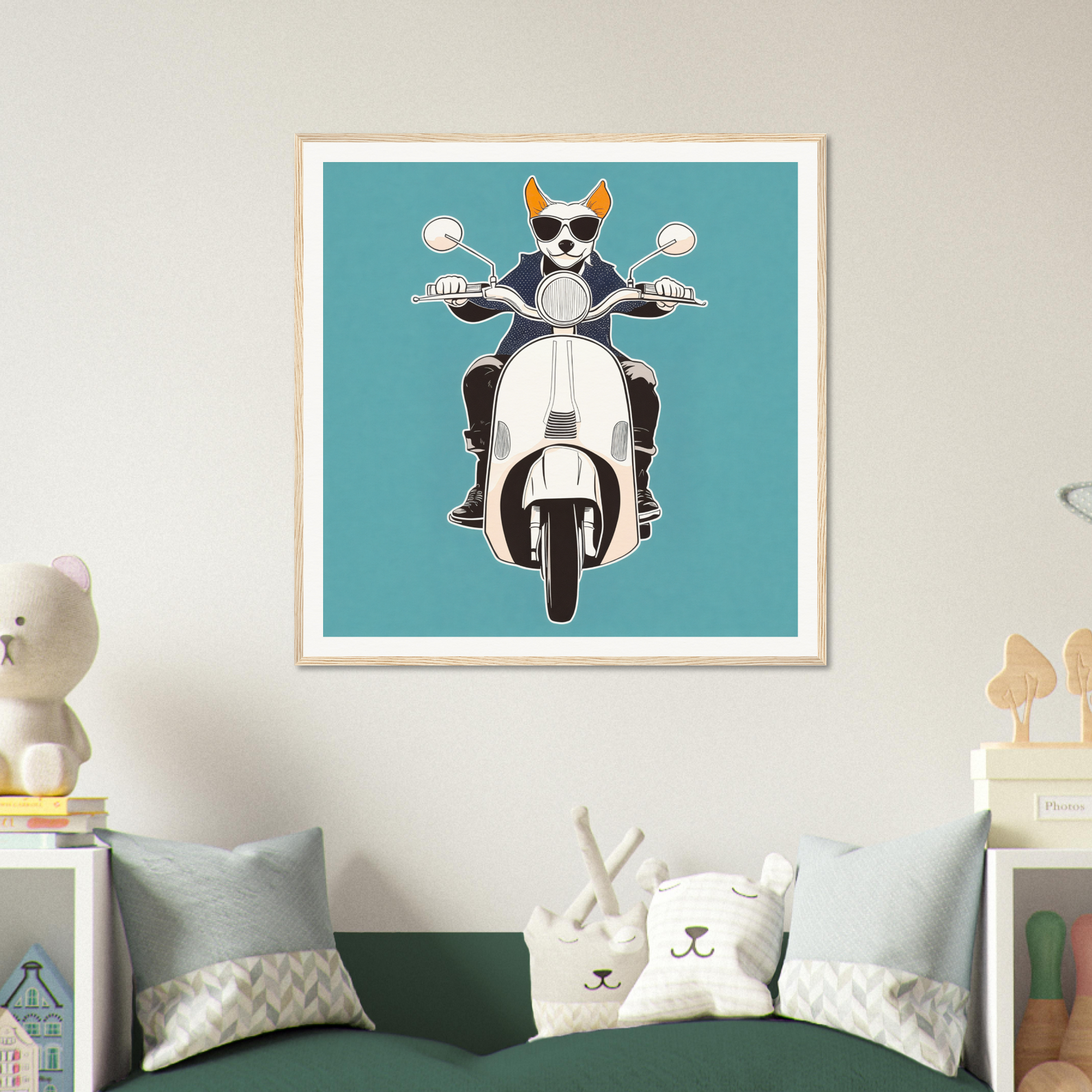 Cartoon corgi in sunglasses riding a scooter for Scooter Canine Voyage artwork