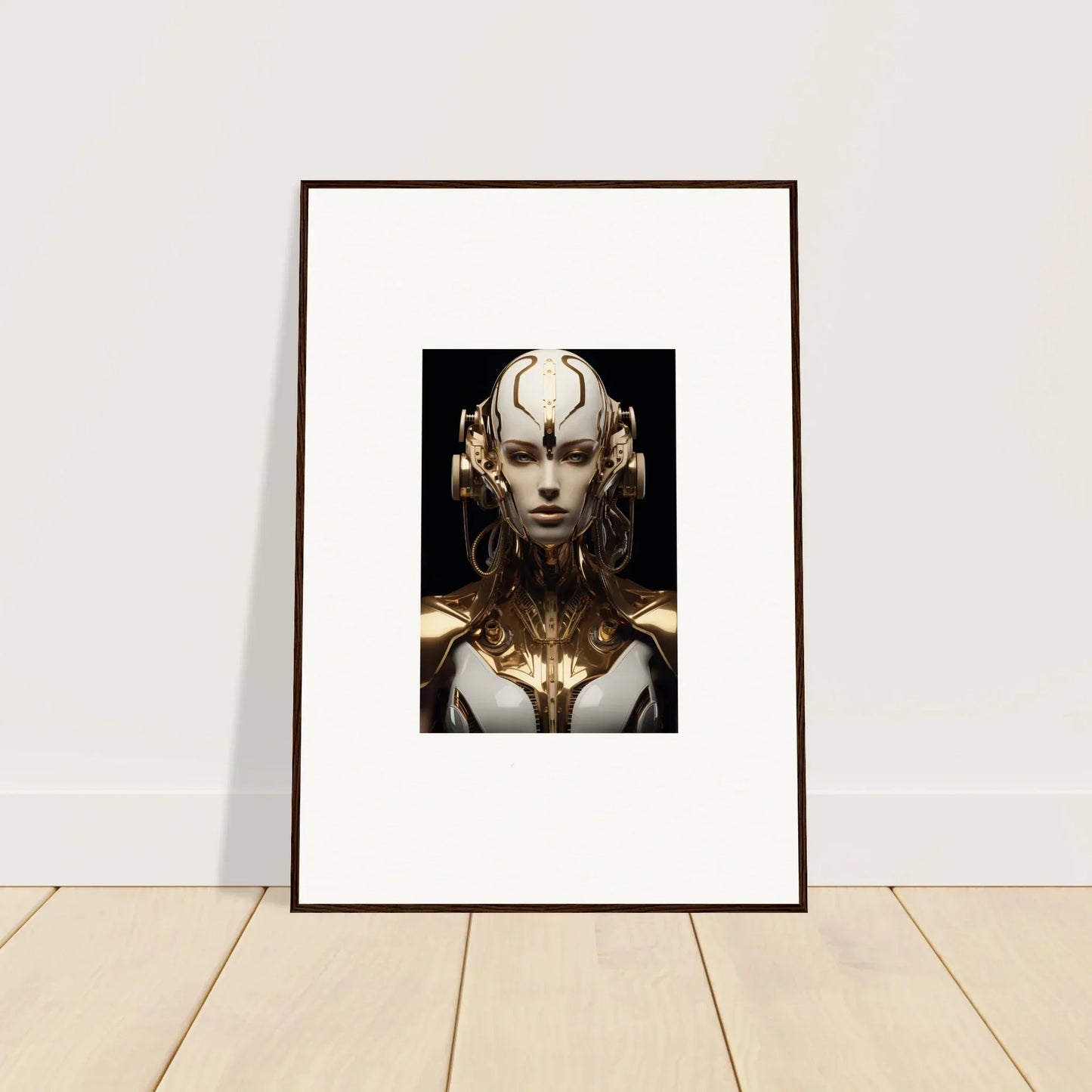 Framed canvas print of a futuristic humanoid with a golden headdress, perfect room decoration