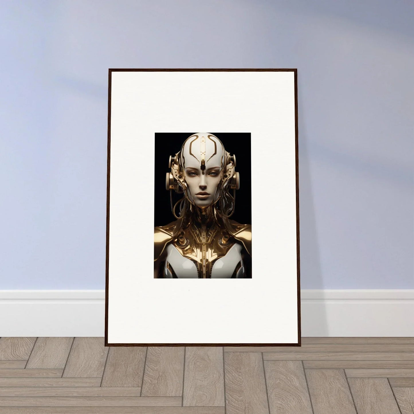 Framed artwork of a futuristic humanoid, perfect for a luminous vessel room decoration