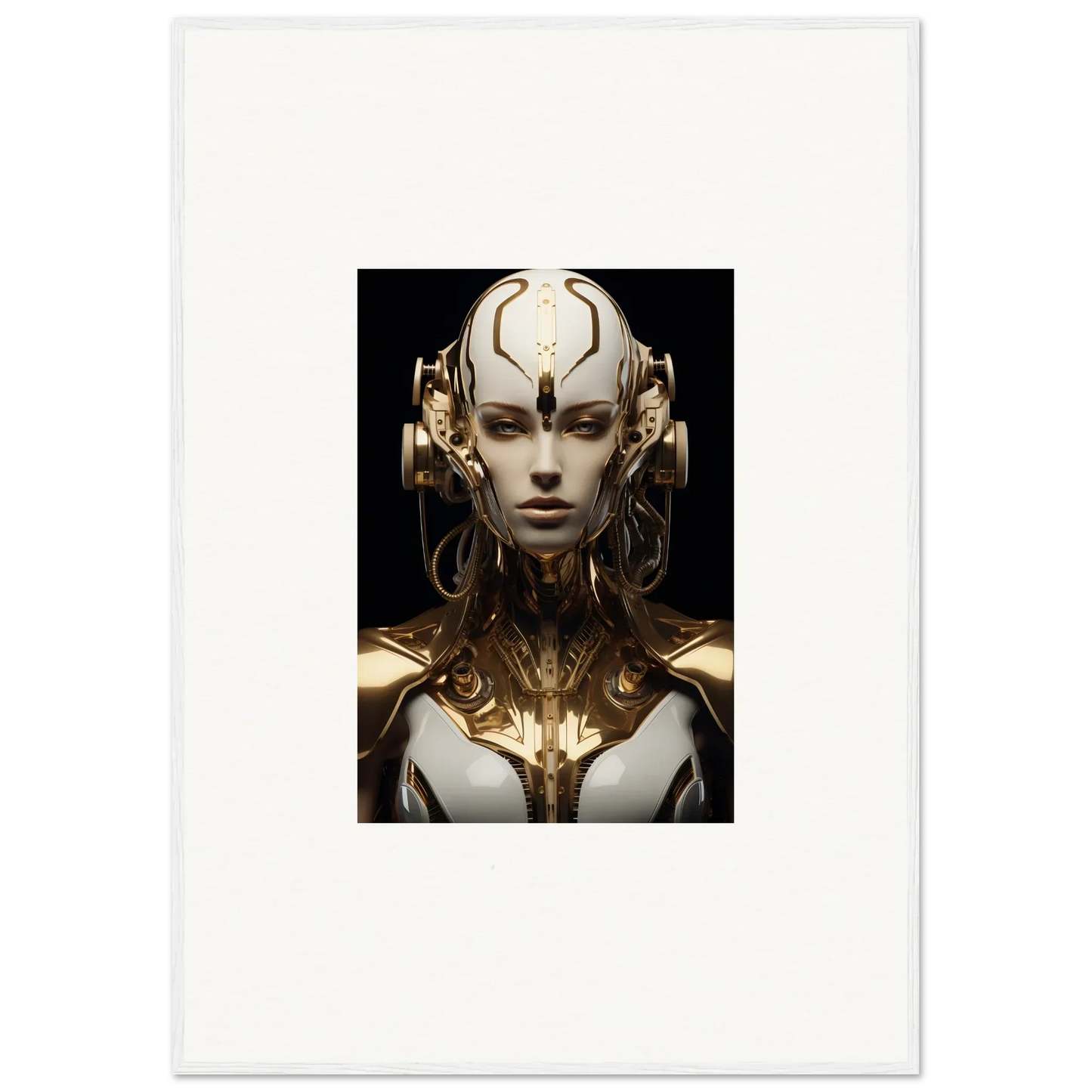 Futuristic humanoid robot headpiece for a luminous vessel-themed canvas print decor