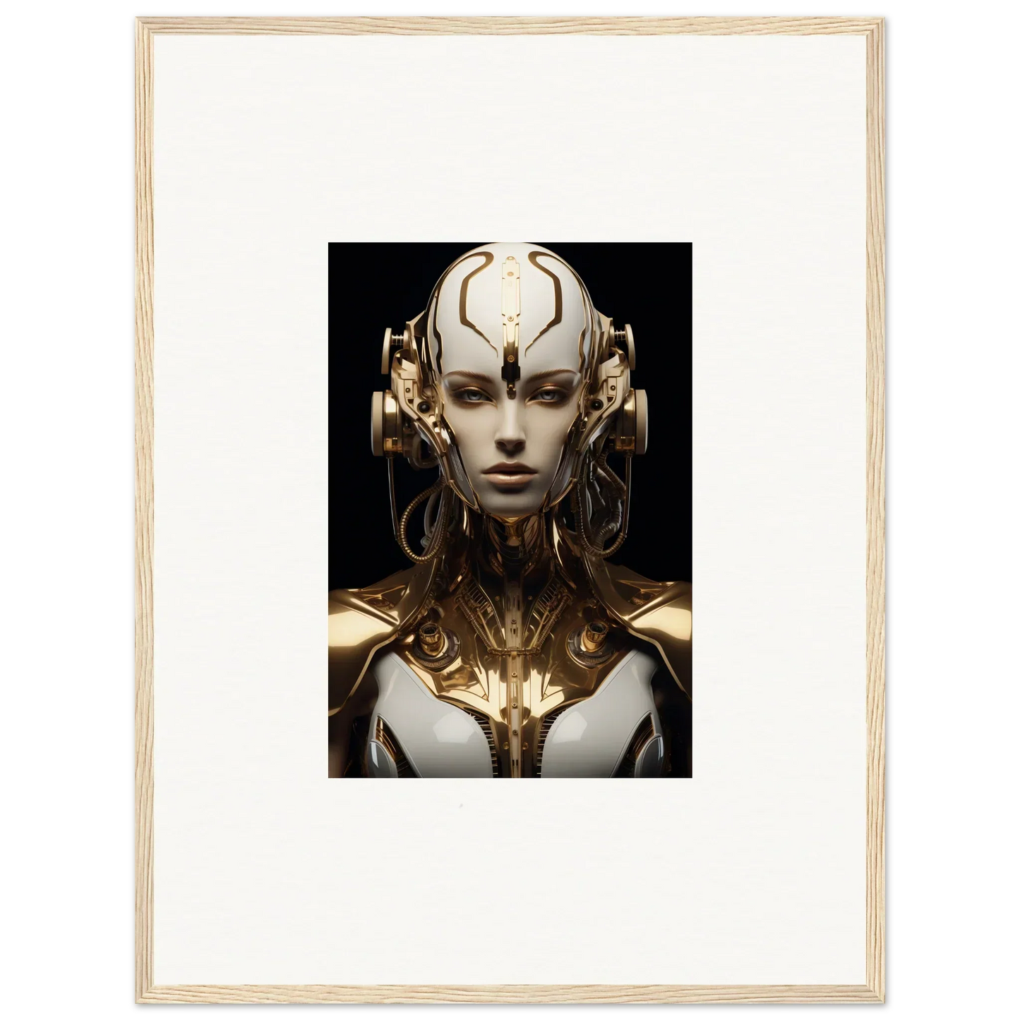 Futuristic humanoid robot in gold accents, perfect for a luminous vessel canvas print