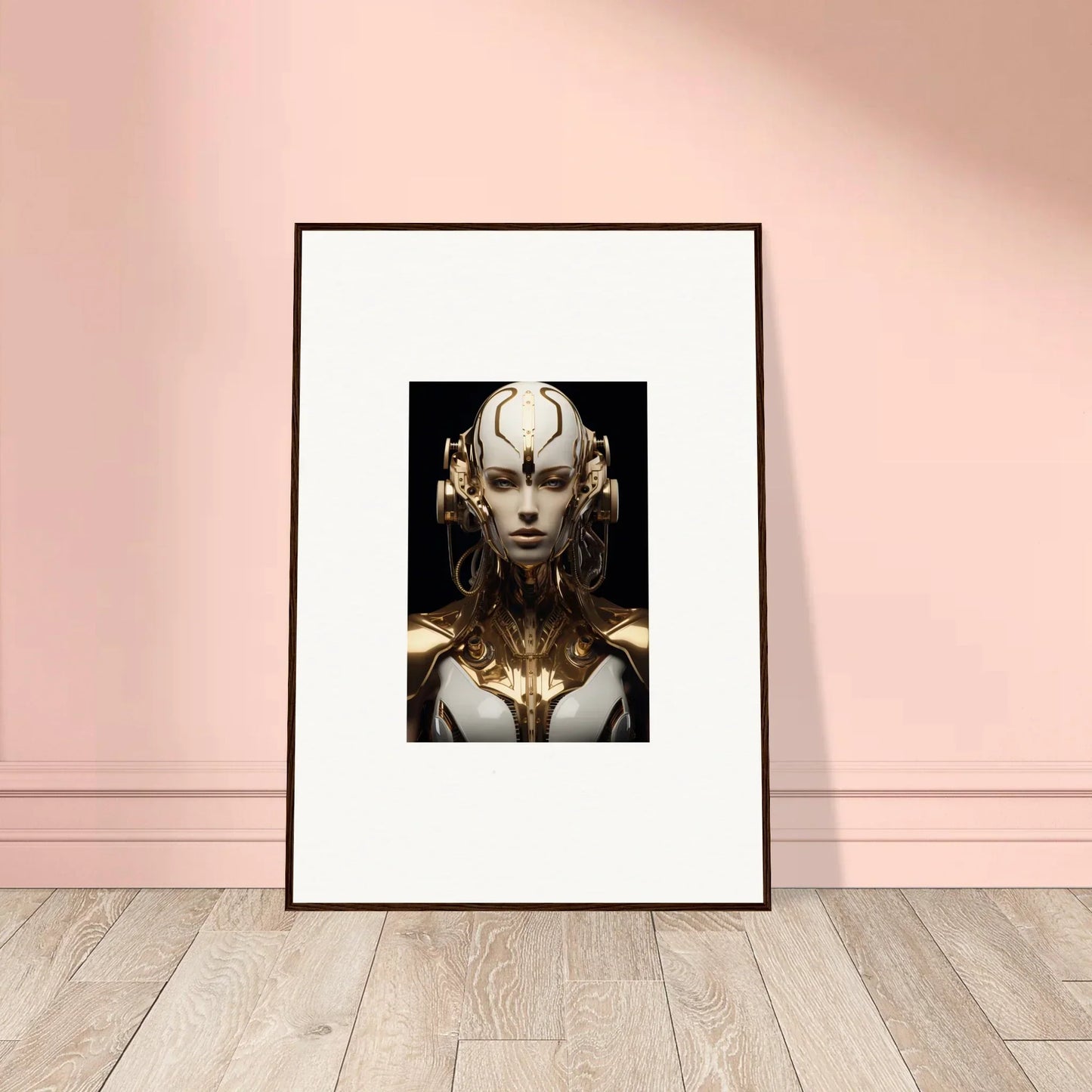 Futuristic robotic figure portrait, perfect canvas print for room decoration with luminous vessel vibe