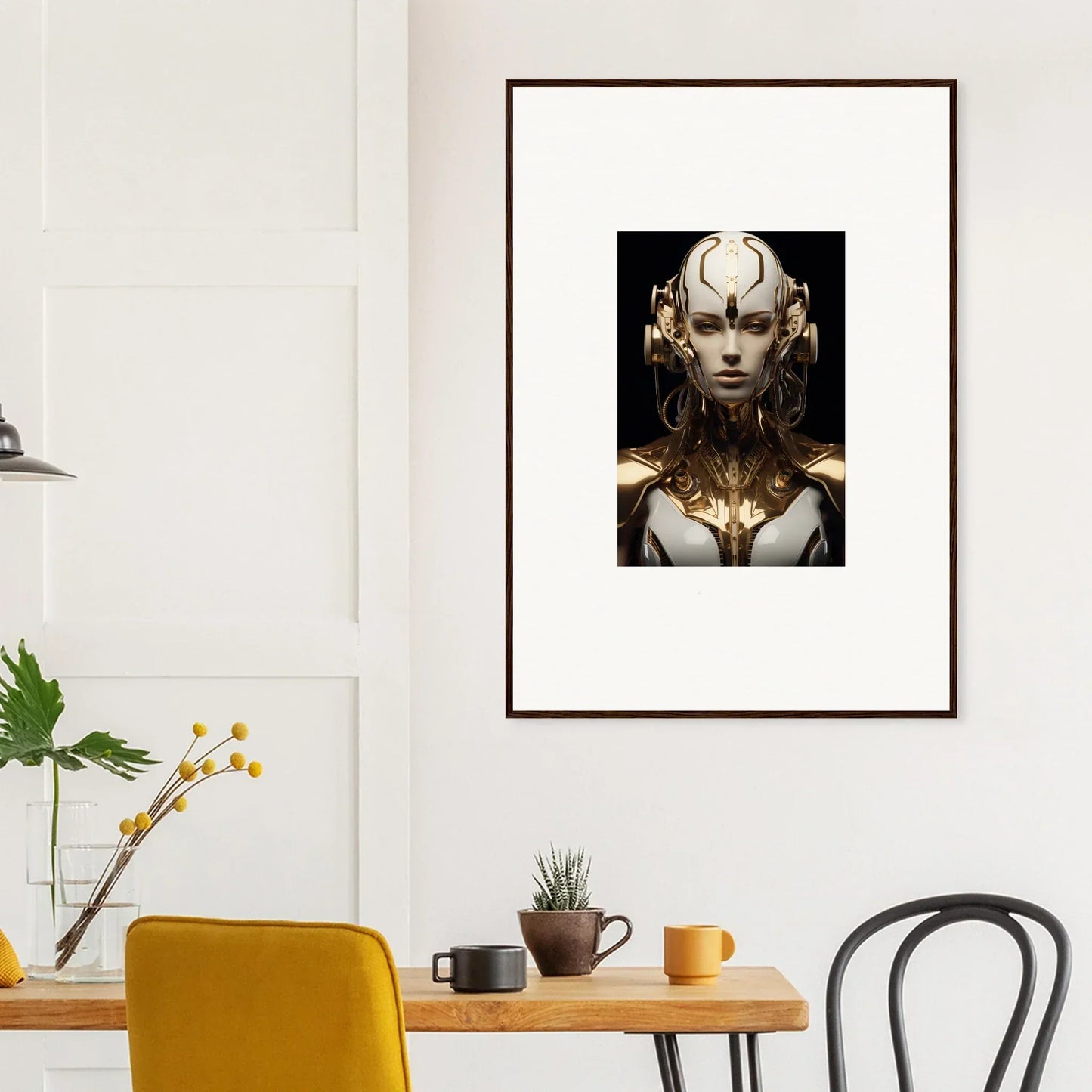 Framed canvas print of a futuristic cyborg, perfect for your luminous vessel room decoration