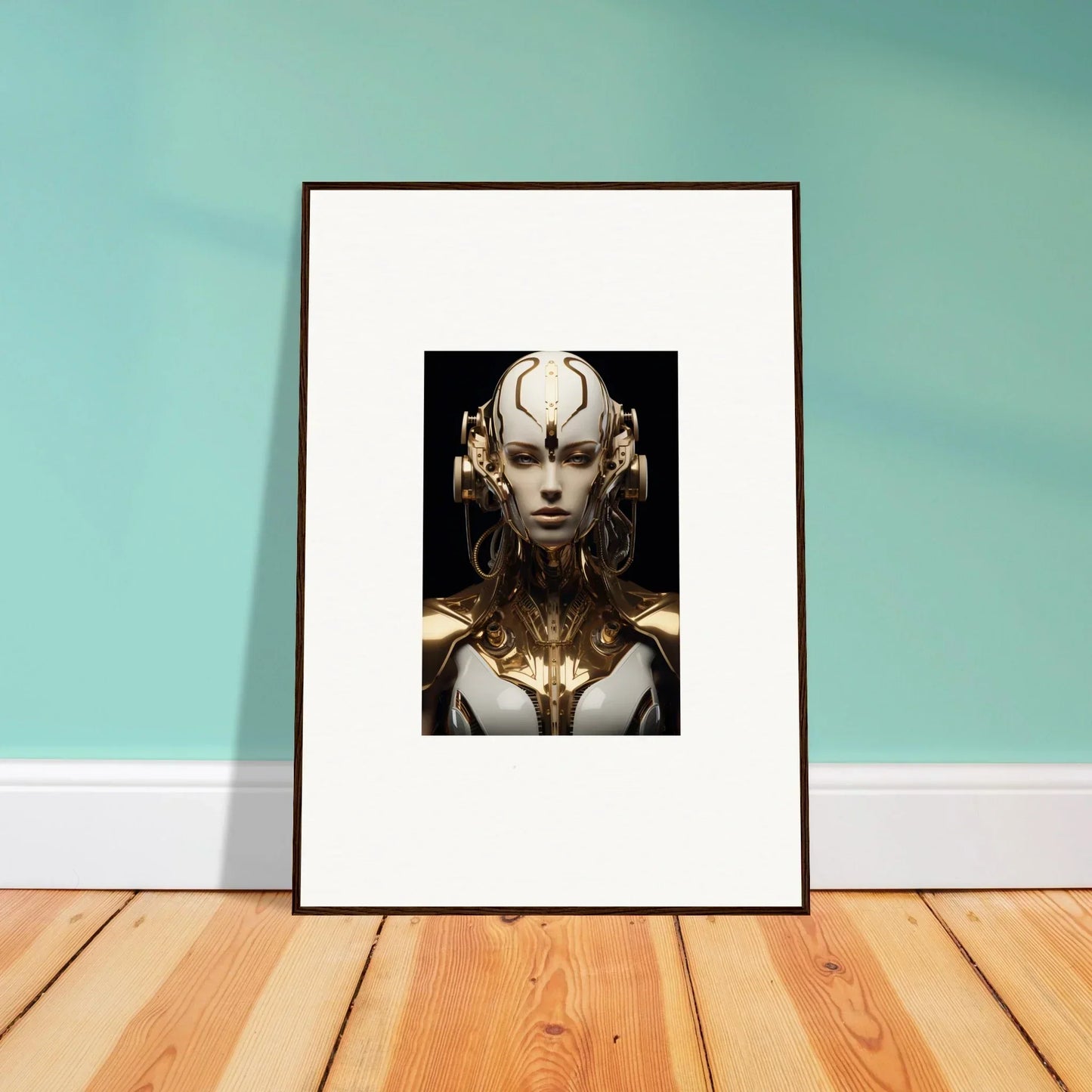 Framed canvas print of a futuristic humanoid as a luminous vessel for room decoration