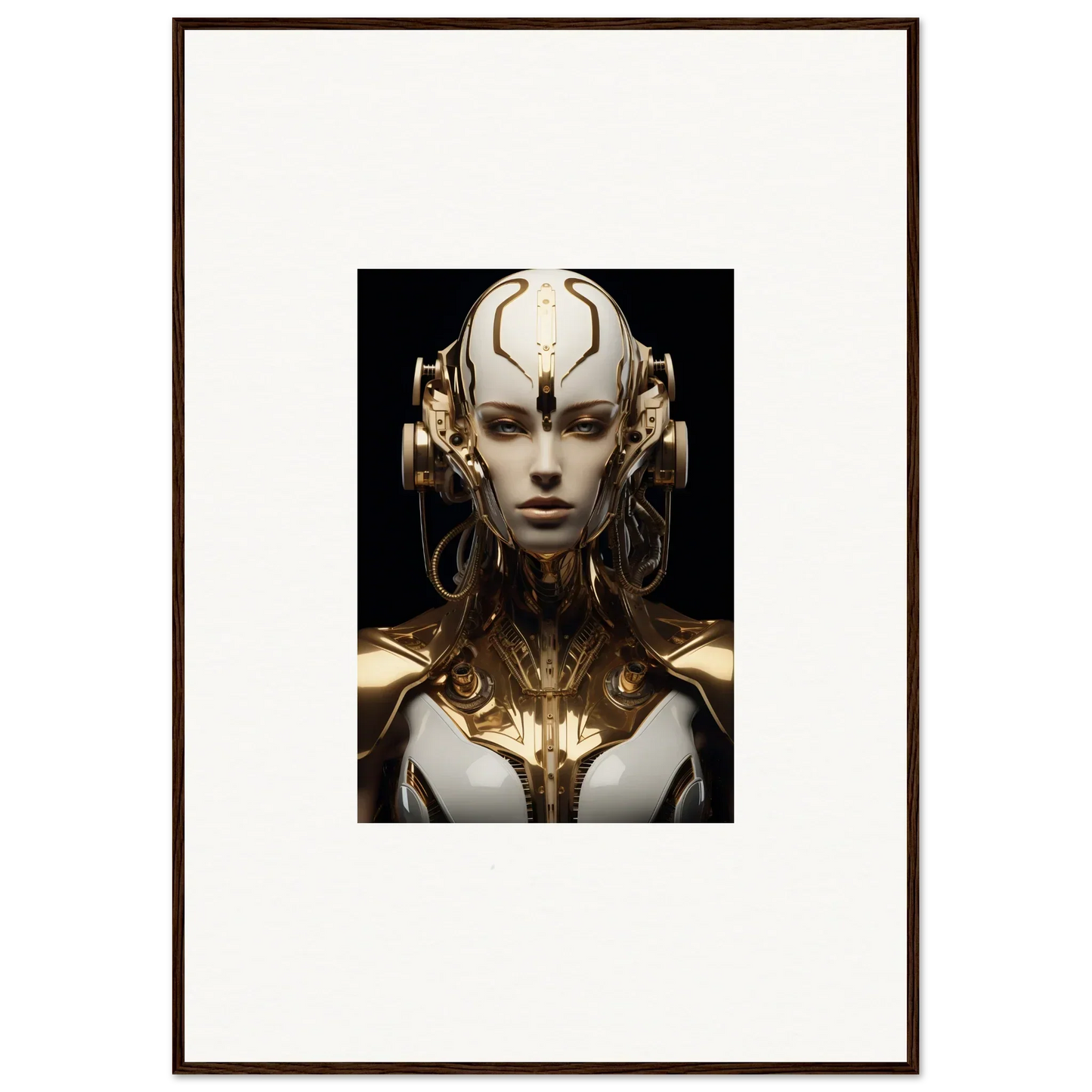 Futuristic humanoid robot with gold accents, perfect for luminous vessel room decoration