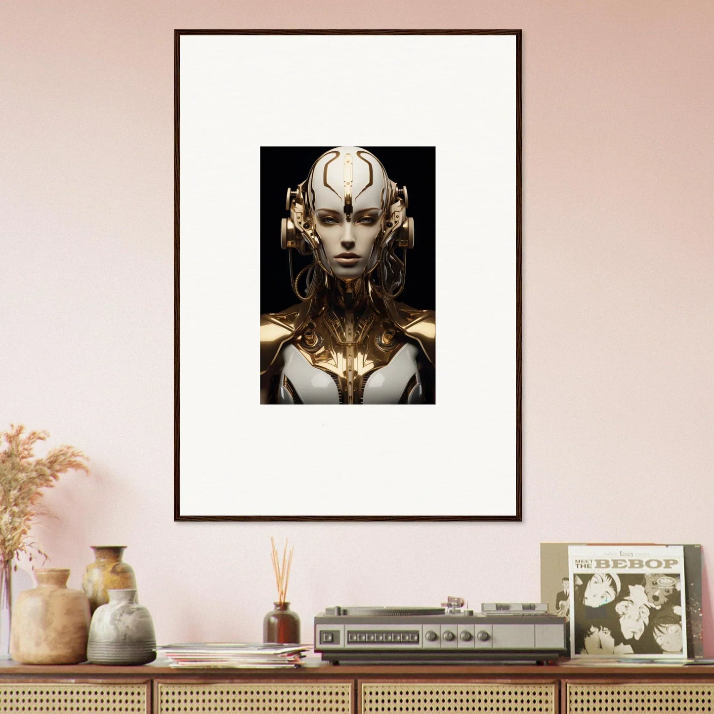 Futuristic canvas print of a cybernetic humanoid, perfect for luminous vessel room decoration