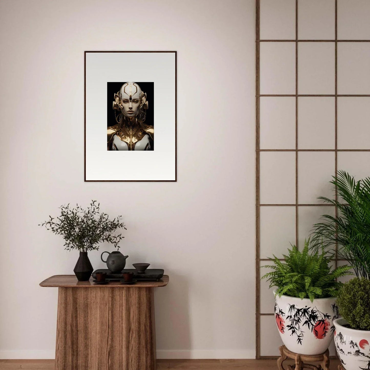 Framed canvas print of a futuristic robotic face for a cool luminous vessel room decoration